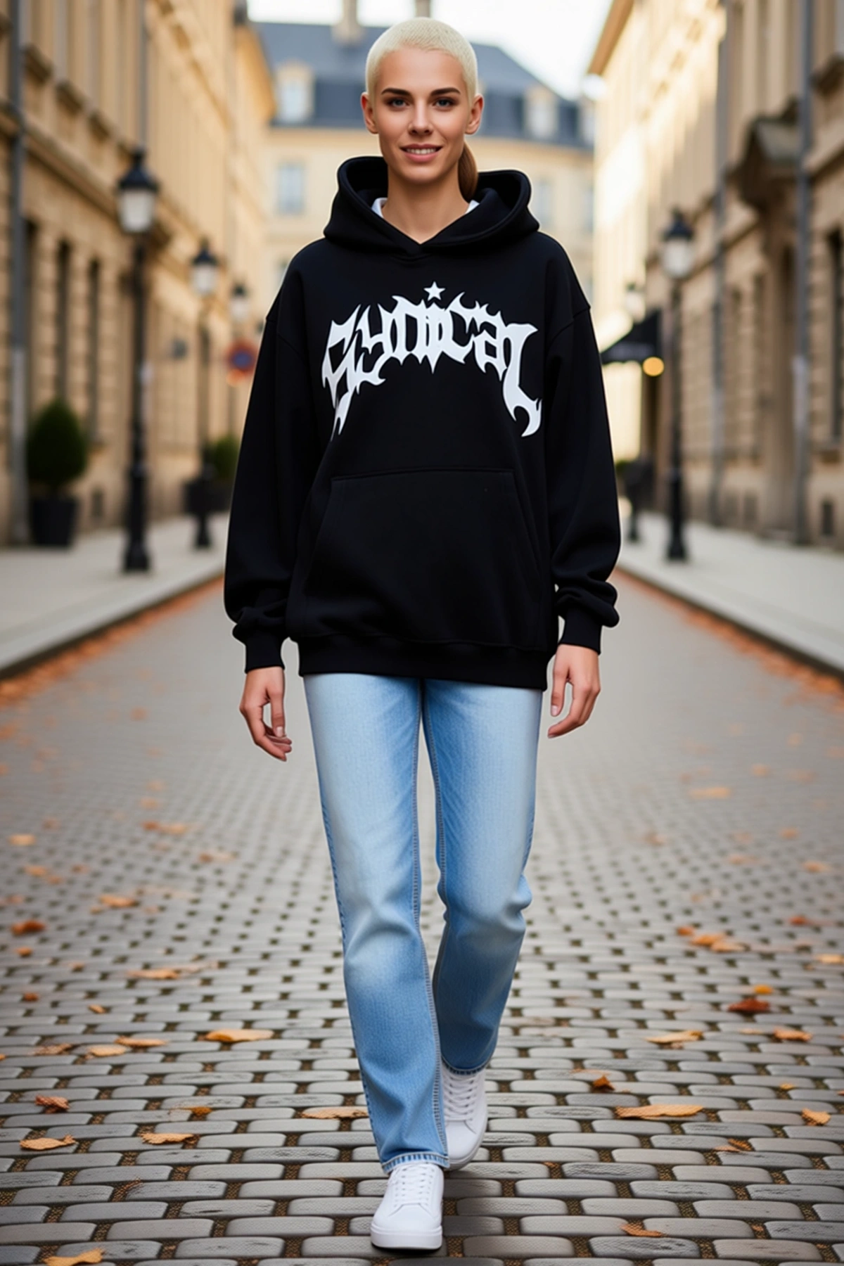 Kadın Üç İplik Kapşonlu Baskılı Oversize Sweatshirt Kanguru Cepli Rib Manşetli Rahat Günlük Kesim