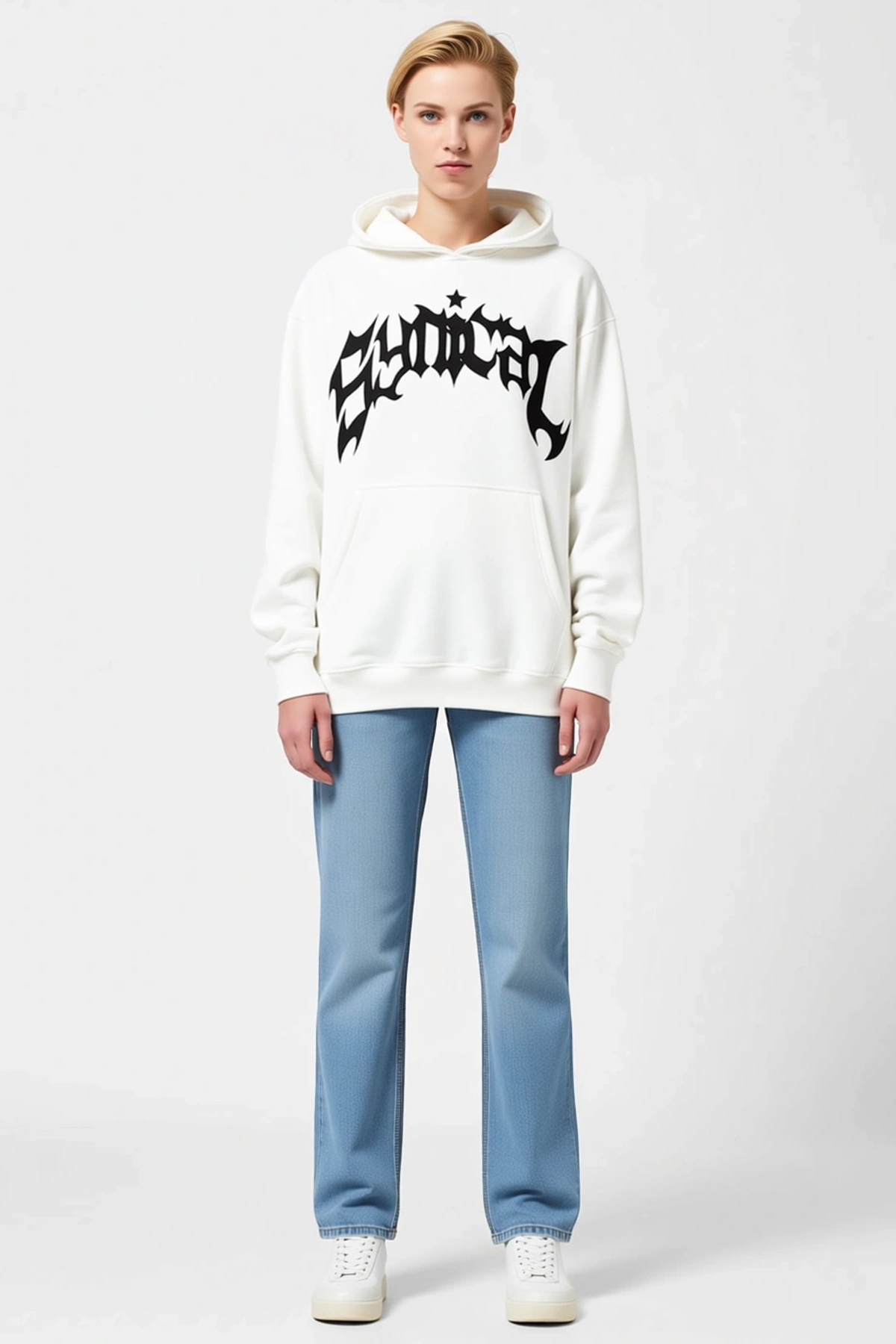 Kadın Üç İplik Kapşonlu Oversize Sweatshirt Önü Gotik Yazı Baskılı Geniş Kapşon Düşük Omuz Modern