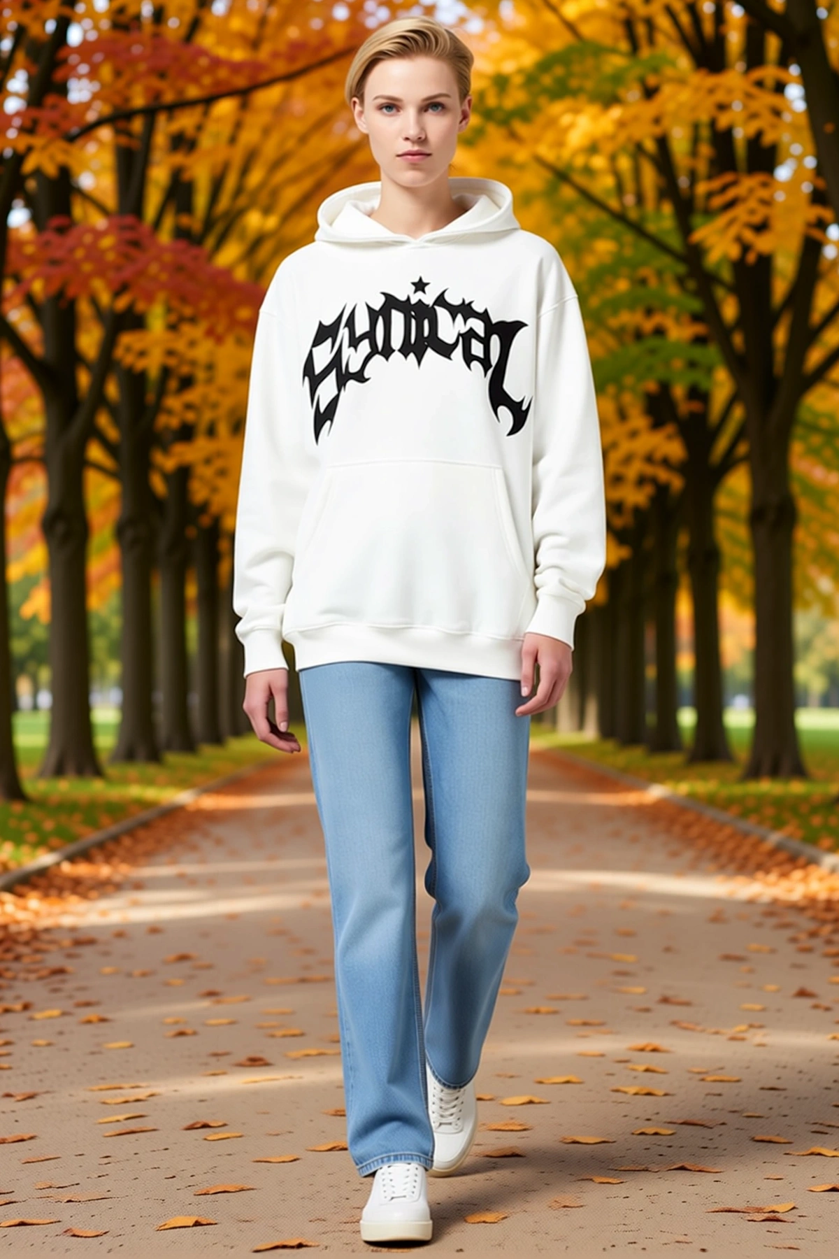 Kadın Üç İplik Kapşonlu Oversize Sweatshirt Önü Gotik Yazı Baskılı Geniş Kapşon Düşük Omuz Modern
