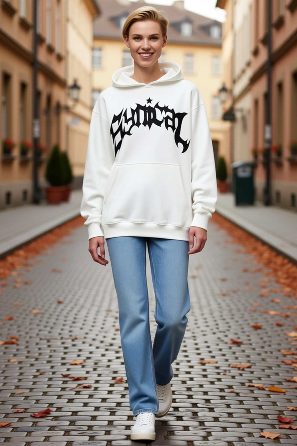 Kadın Üç İplik Kapşonlu Oversize Sweatshirt Önü Gotik Yazı Baskılı Geniş Kapşon Düşük Omuz Modern