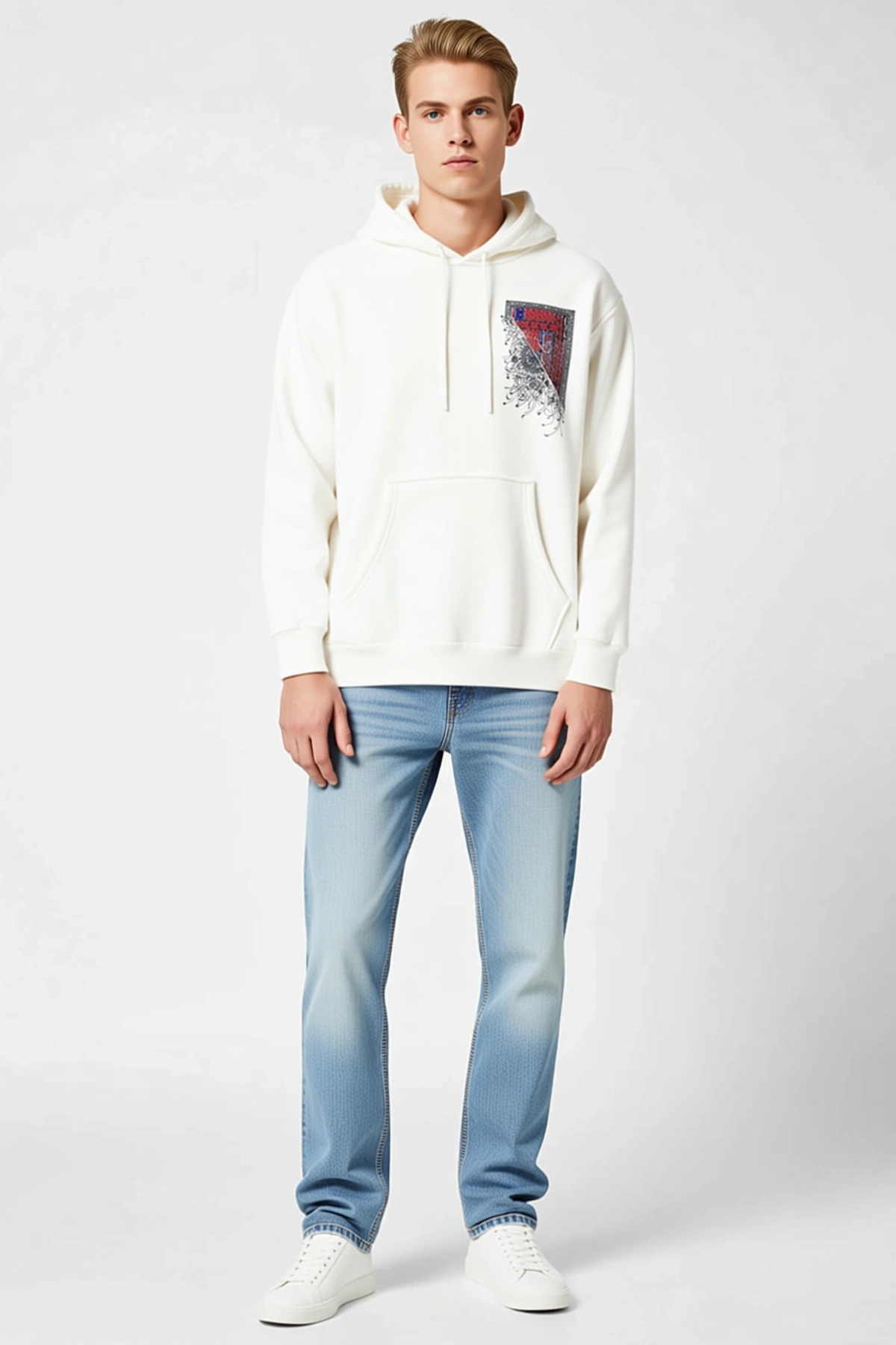 Erkek Uzun Kollu Kapşonlu Ön Ve Arka Baskılı Sweatshirt Kanguru Cepli Bağcıklı Rib Manşetli Rahat