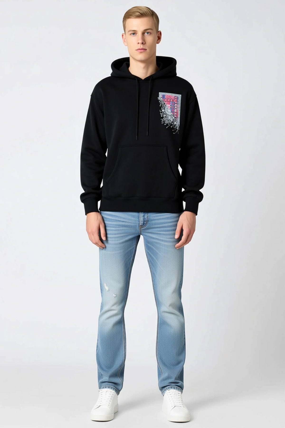 Erkek Uzun Kol Kapşonlu Ön Arka Baskı Detaylı Sweatshirt Geniş Kanguru Cep Bağcıklı Günlük Kesim