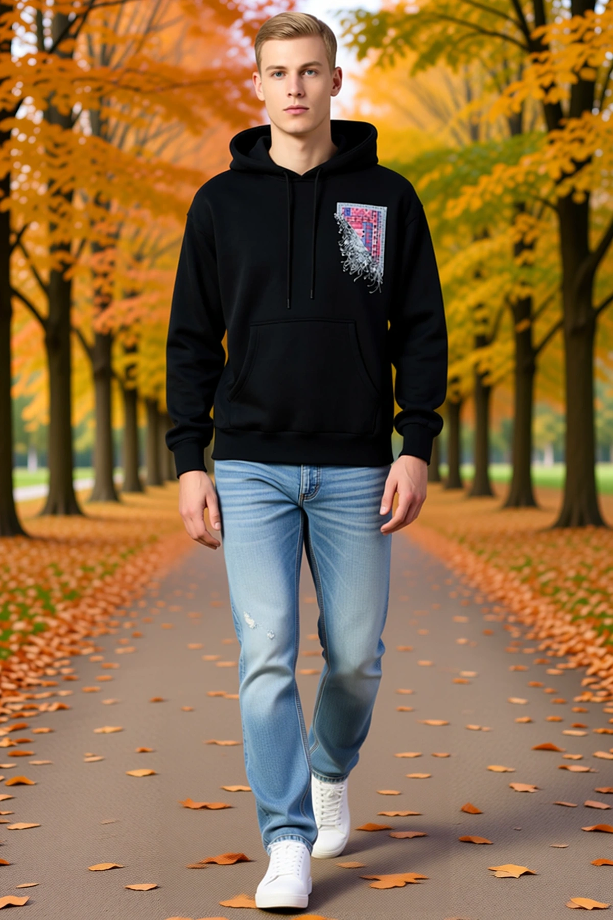 Erkek Uzun Kol Kapşonlu Ön Arka Baskı Detaylı Sweatshirt Geniş Kanguru Cep Bağcıklı Günlük Kesim
