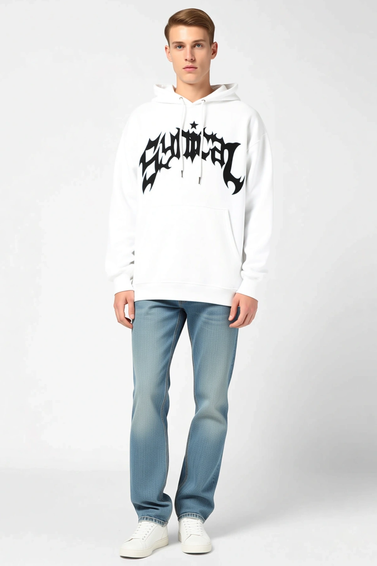 Erkek Kışlık Kapşonlu Baskılı Oversize Sweatshirt Önü Gotik Harfli Düşük Omuz Kanguru Cepli Rahat