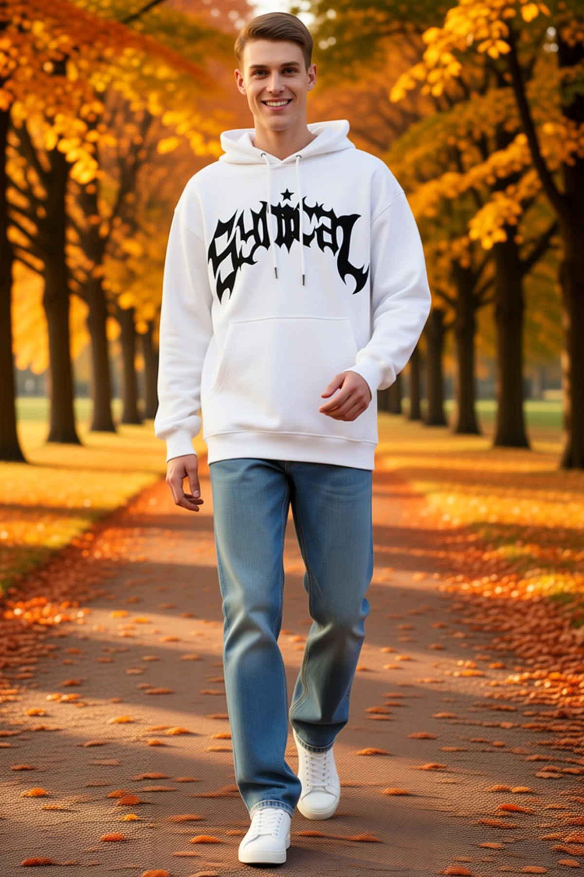 Erkek Kışlık Kapşonlu Baskılı Oversize Sweatshirt Önü Gotik Harfli Düşük Omuz Kanguru Cepli Rahat