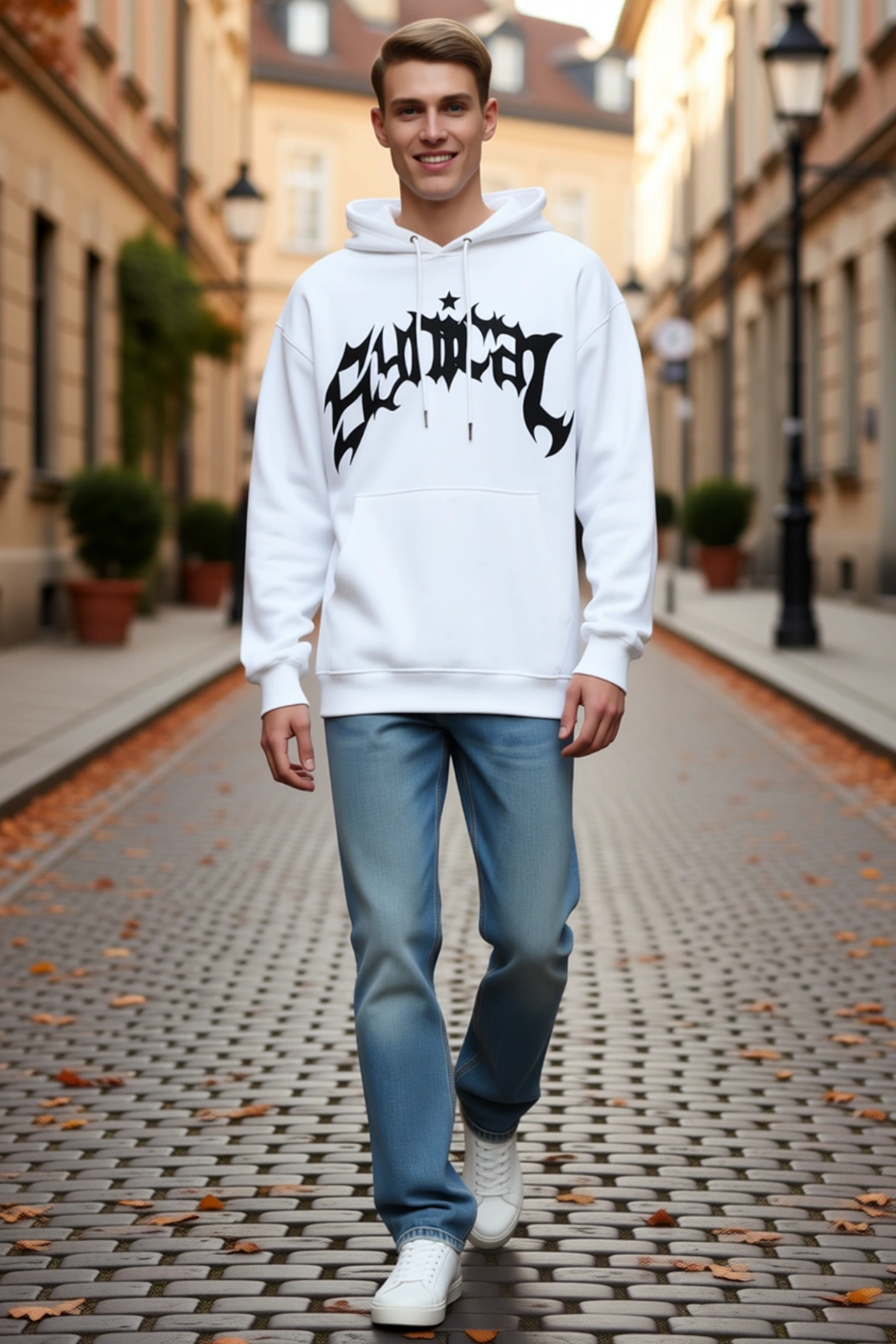 Erkek Kışlık Kapşonlu Baskılı Oversize Sweatshirt Önü Gotik Harfli Düşük Omuz Kanguru Cepli Rahat