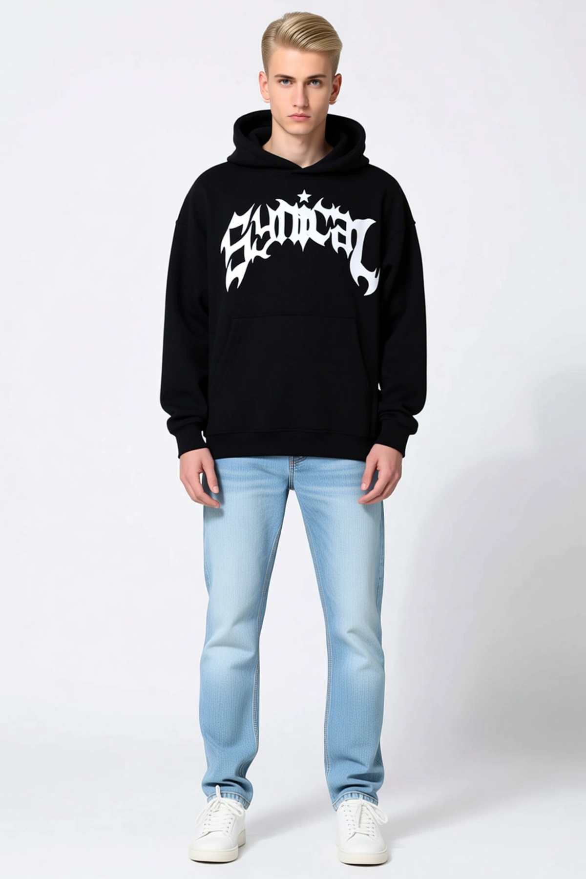 Erkek Kışlık Kapşonlu Oversize Sweatshirt Göğsü Gotik Yazı Baskılı Kanguru Cepli Bol Kalıp Günlük