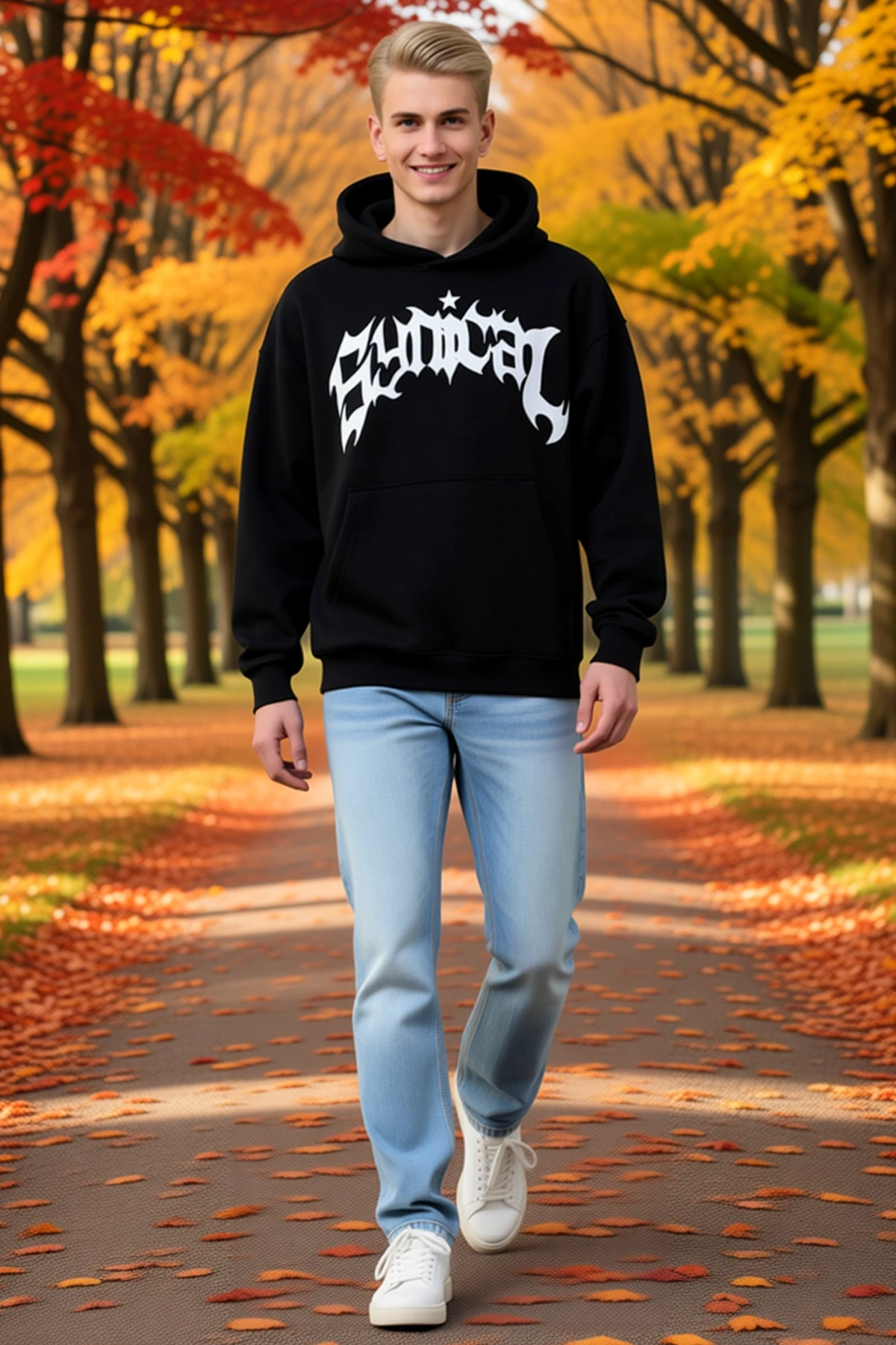 Erkek Kışlık Kapşonlu Oversize Sweatshirt Göğsü Gotik Yazı Baskılı Kanguru Cepli Bol Kalıp Günlük