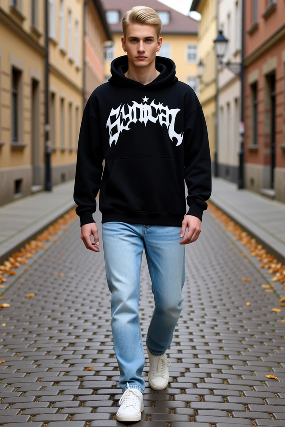 Erkek Kışlık Kapşonlu Oversize Sweatshirt Göğsü Gotik Yazı Baskılı Kanguru Cepli Bol Kalıp Günlük