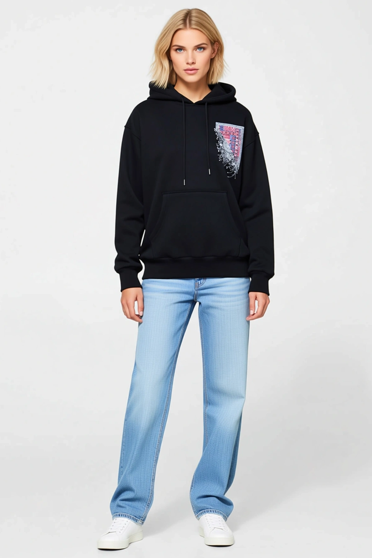Kadın Uzun Kollu Kapşonlu Ön Ve Arka Baskılı Sweatshirt Halı Desenli Kanguru Cepli Bağcıklı Rahat