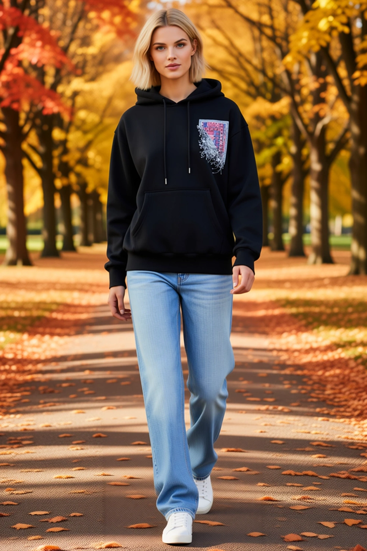 Kadın Uzun Kollu Kapşonlu Ön Ve Arka Baskılı Sweatshirt Halı Desenli Kanguru Cepli Bağcıklı Rahat