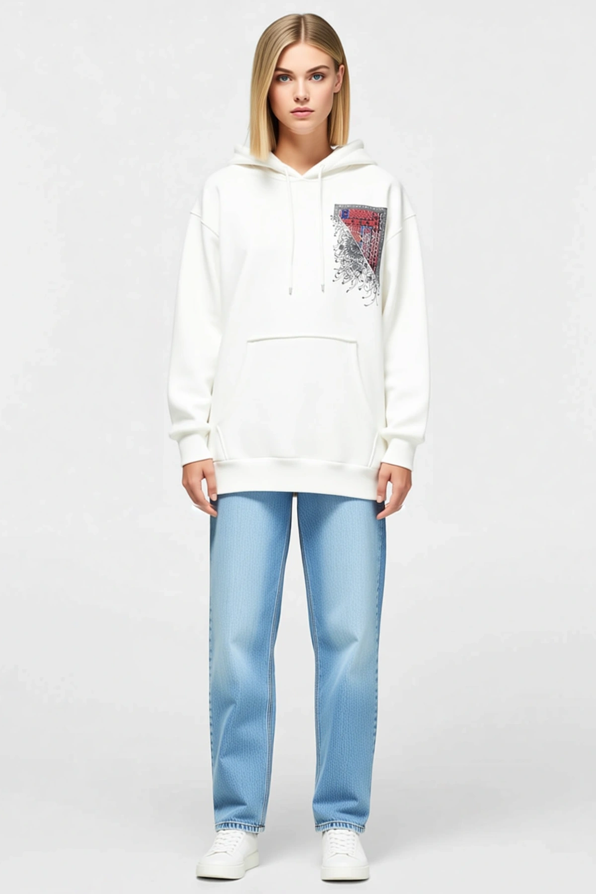 Kadın Uzun Kol Kapşonlu Ön Arka Baskı Detaylı Sweatshirt Kilim Motifli Geniş Cepli Günlük Kesim