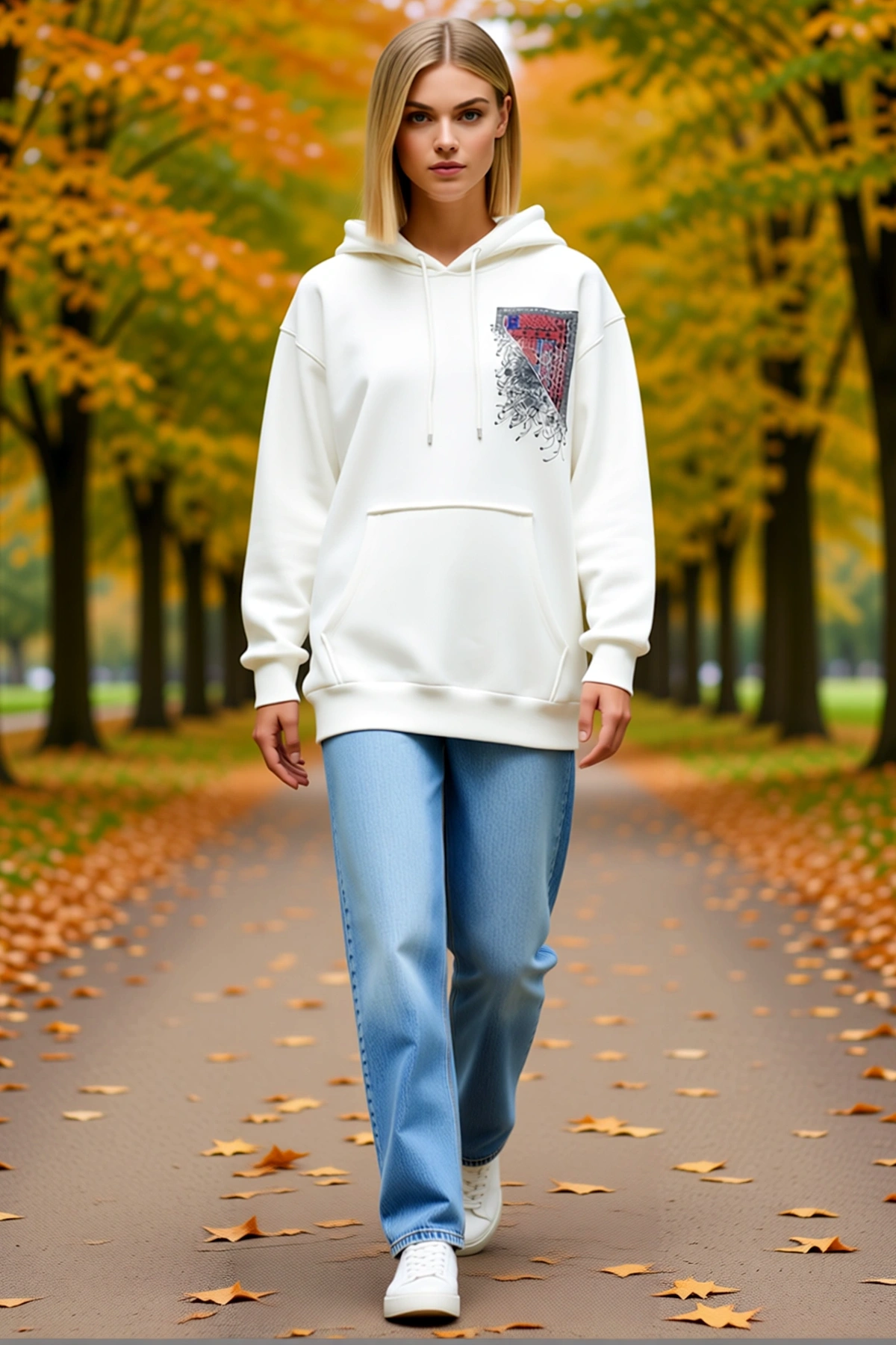Kadın Uzun Kol Kapşonlu Ön Arka Baskı Detaylı Sweatshirt Kilim Motifli Geniş Cepli Günlük Kesim