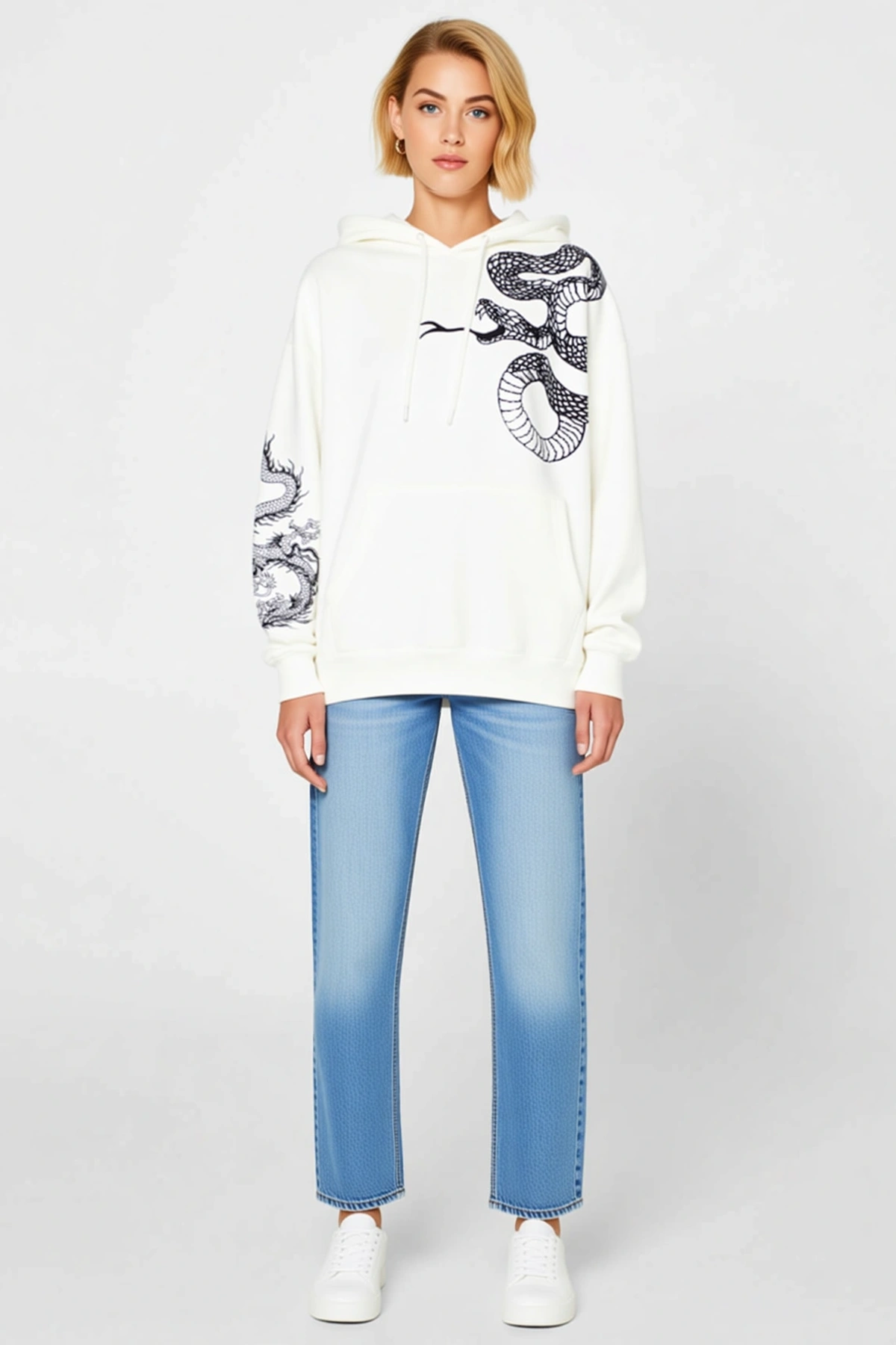 Kadın Uzun Kol Kapşonlu Baskılı Sweatshirt Yılan Ve Ejderha Motifli Kanguru Cepli Rib Manşetli Rahat