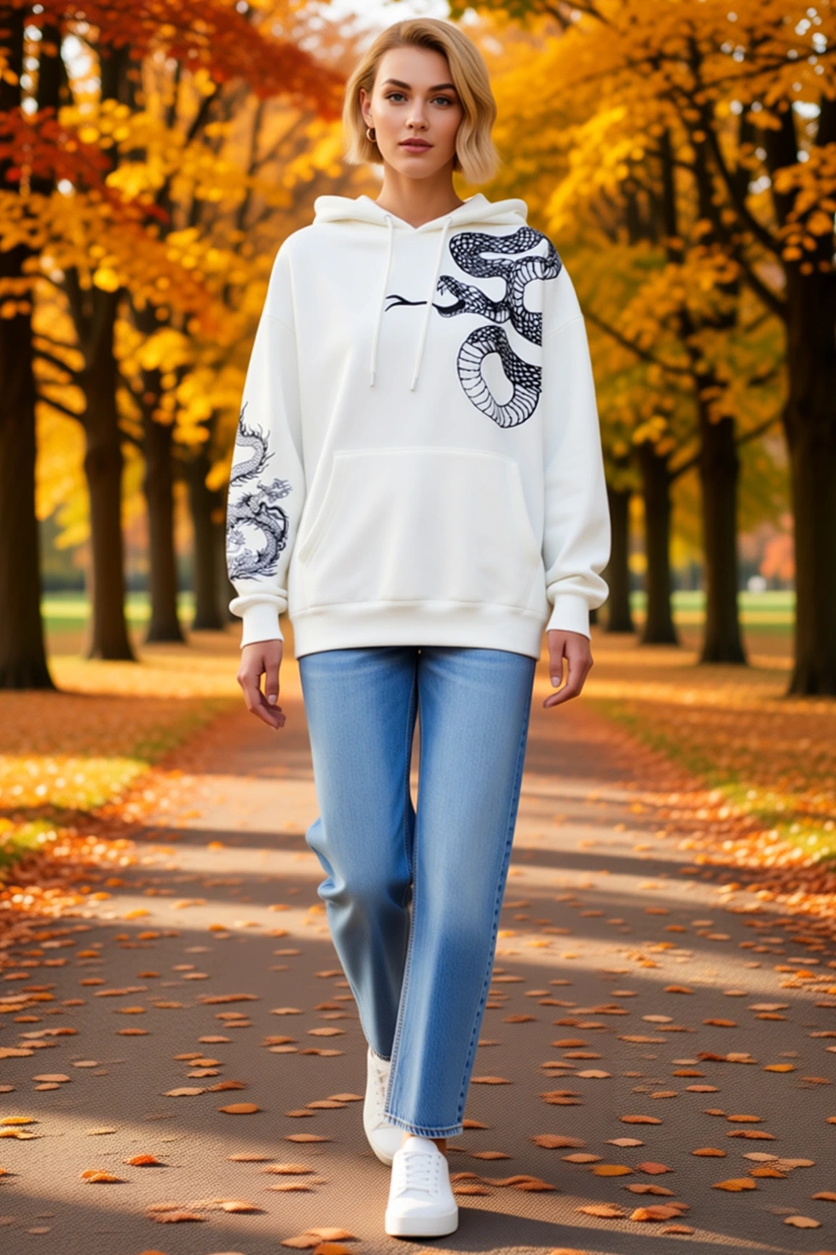 Kadın Uzun Kol Kapşonlu Baskılı Sweatshirt Yılan Ve Ejderha Motifli Kanguru Cepli Rib Manşetli Rahat