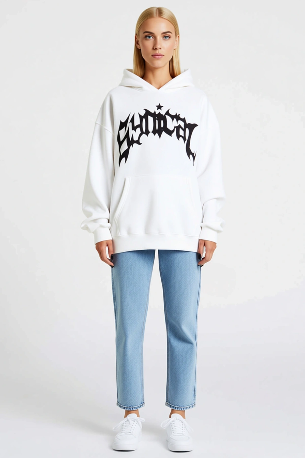 Kadın Üç İplik Kapşonlu Oversize Sweatshirt Önü Gotik Yazı Baskılı Kanguru Cepli Salaş Uzun Kalıp