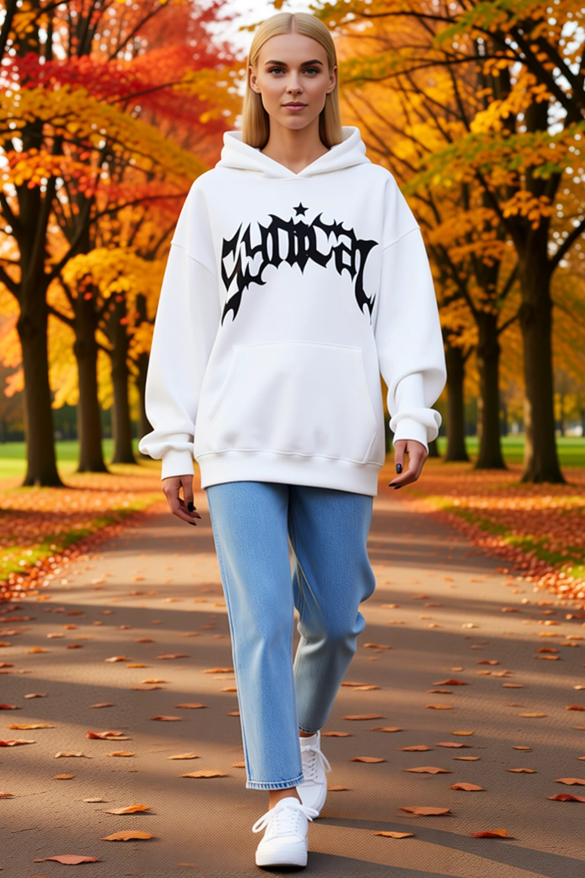 Kadın Üç İplik Kapşonlu Oversize Sweatshirt Önü Gotik Yazı Baskılı Kanguru Cepli Salaş Uzun Kalıp