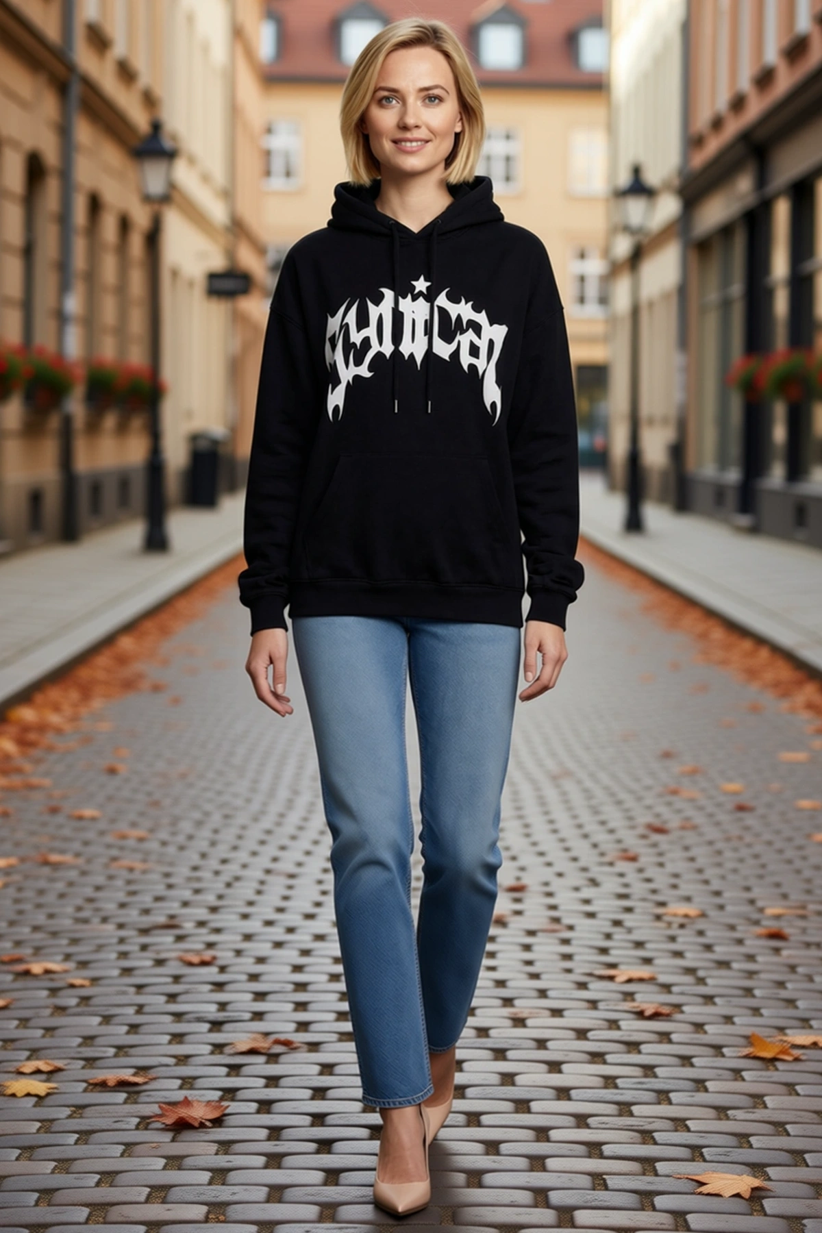 Kadın Üç İplik Kapşonlu Baskılı Oversize Sweatshirt Geniş Kanguru Cep Gotik Harfli Düşük Omuz Bol