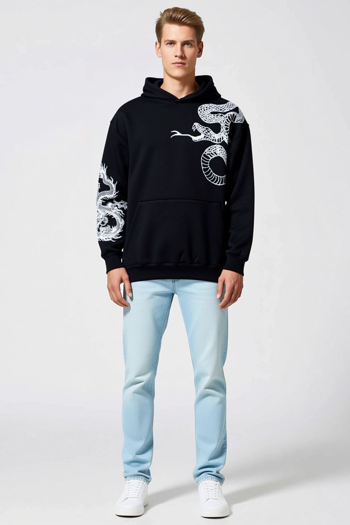 Erkek Oversize Kapşonlu Sweatshirt Ejderha ve Yılan Baskılı Uzun Kollu Kanguru Cepli Ribanalı Kesim