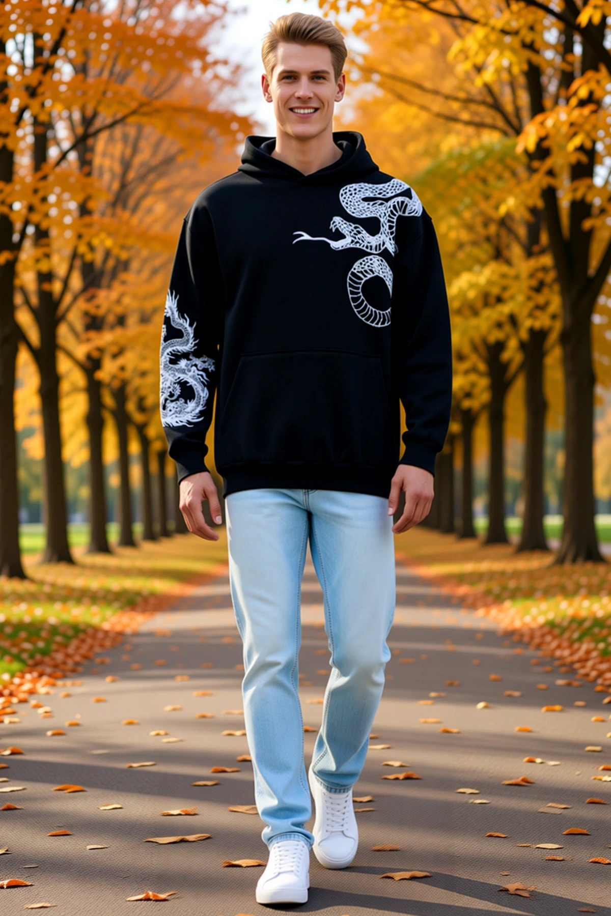 Erkek Oversize Kapşonlu Sweatshirt Ejderha ve Yılan Baskılı Uzun Kollu Kanguru Cepli Ribanalı Kesim