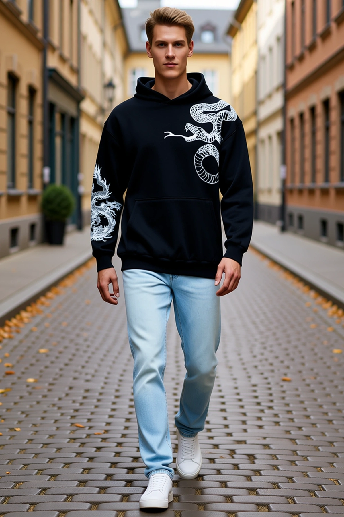 Erkek Oversize Kapşonlu Sweatshirt Ejderha ve Yılan Baskılı Uzun Kollu Kanguru Cepli Ribanalı Kesim