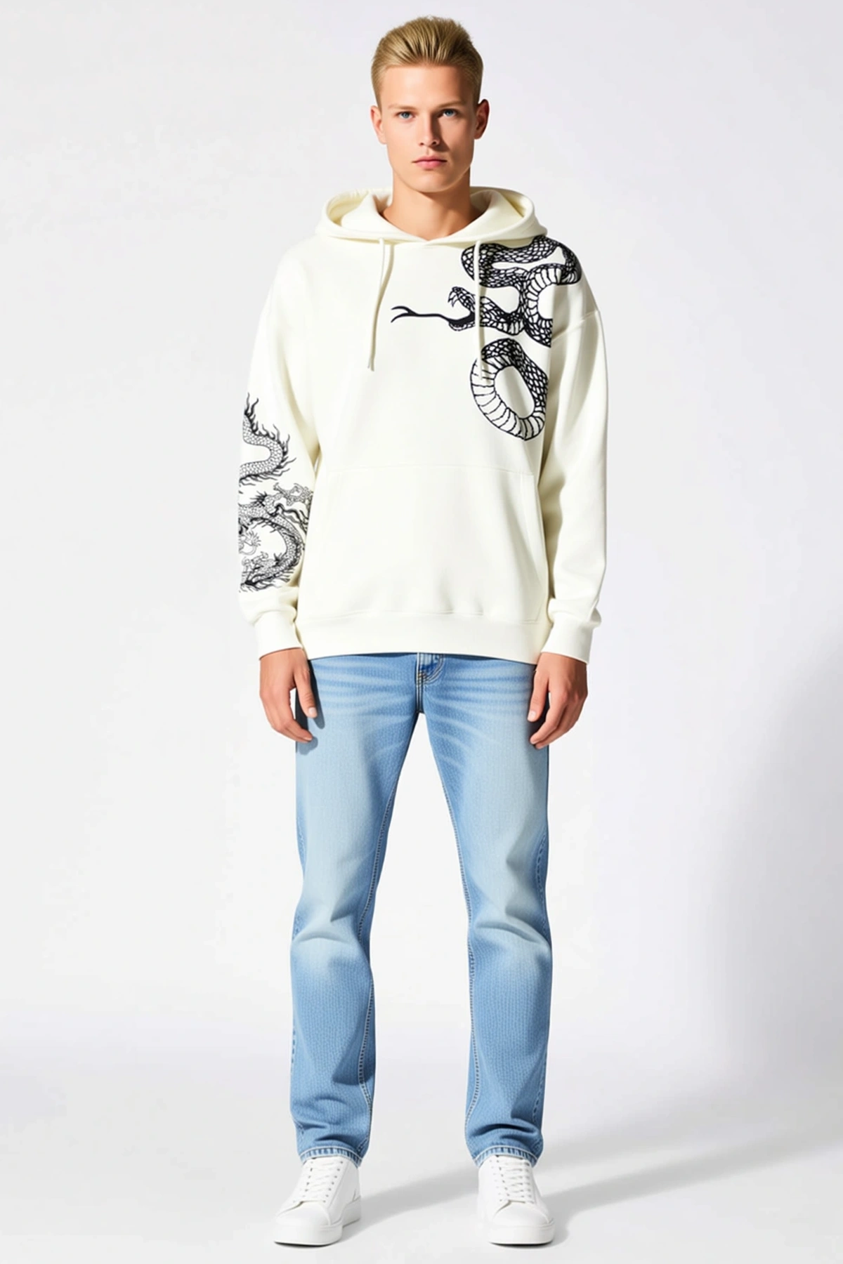 Erkek Kapşonlu Bol Kalıp Sweatshirt Yılan ve Ejderha Desenli Kol Baskılı Kanguru Cep Ribana Detaylı