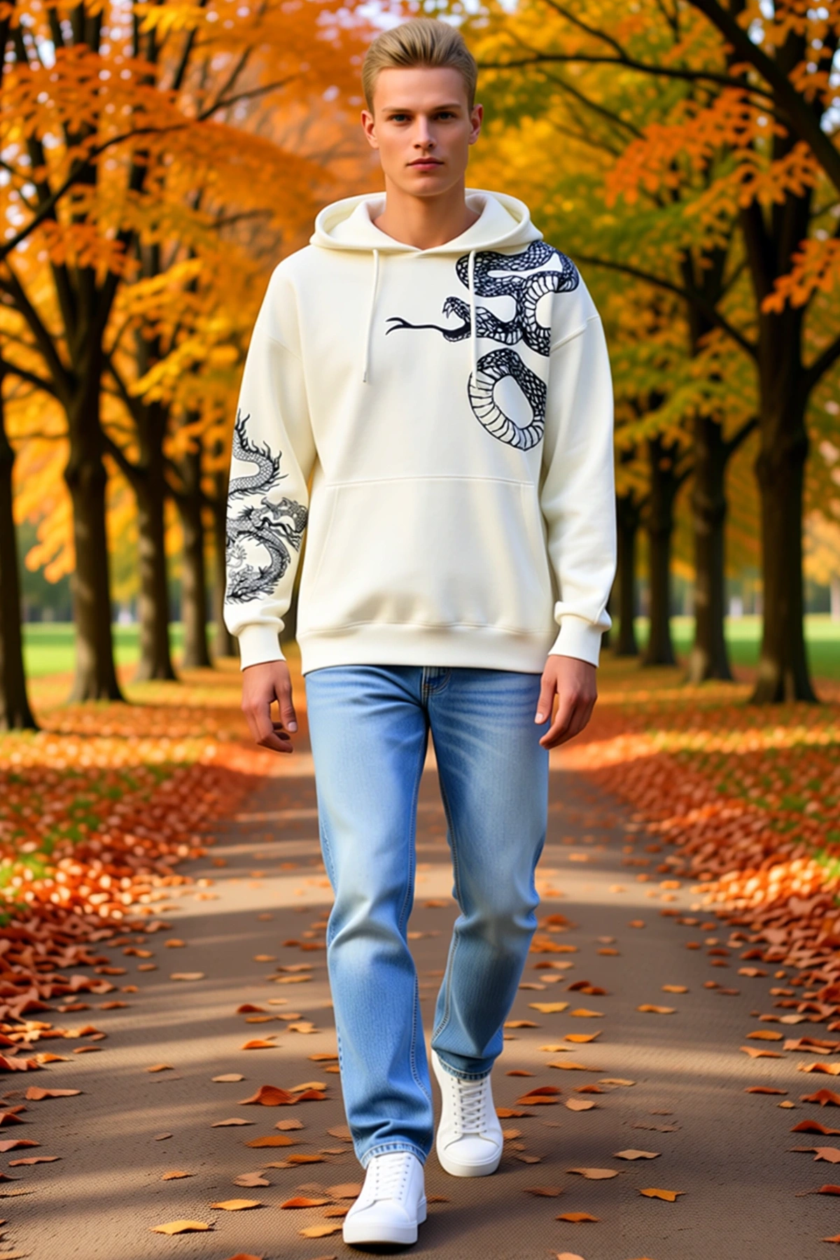 Erkek Kapşonlu Bol Kalıp Sweatshirt Yılan ve Ejderha Desenli Kol Baskılı Kanguru Cep Ribana Detaylı