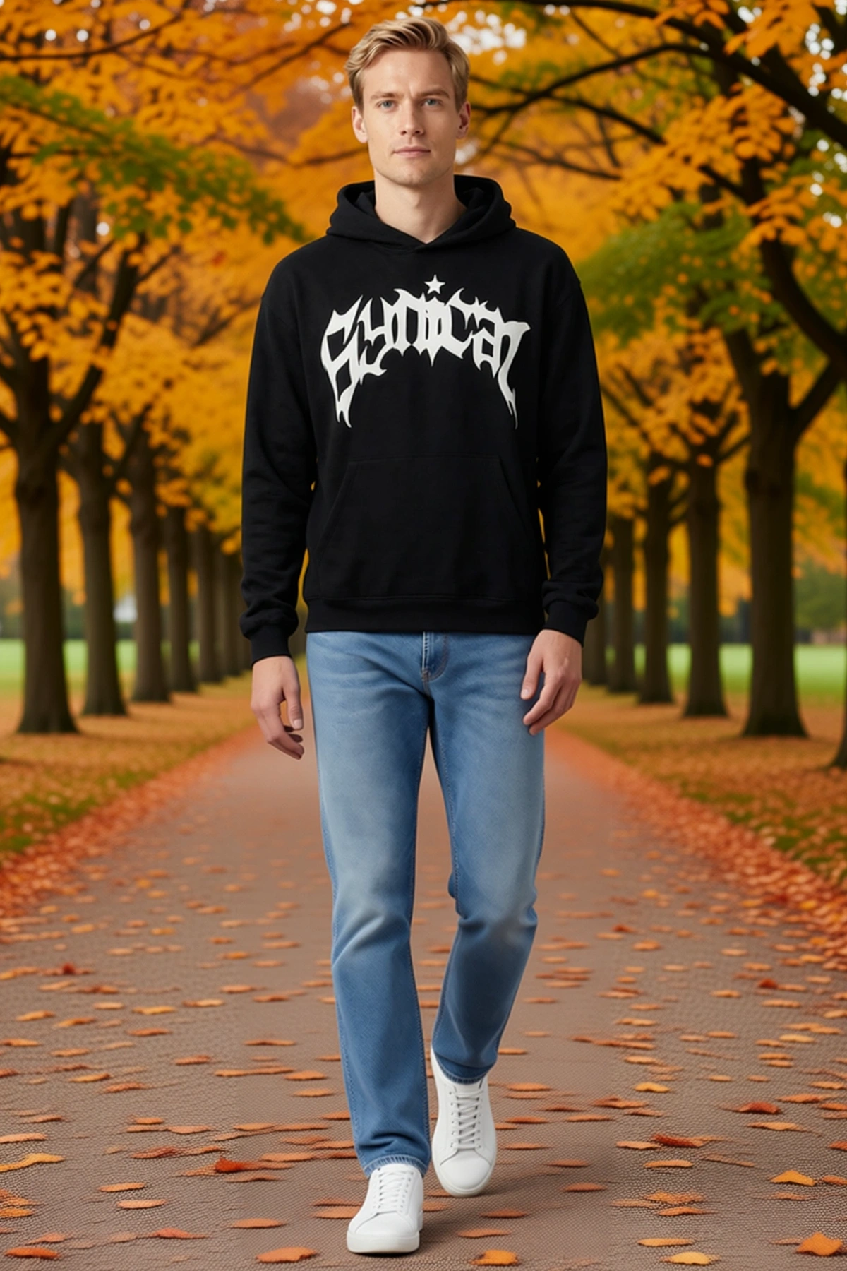 Erkek Üç İplik Kapşonlu Sweatshirt Önü Geniş Yazı Baskılı Kanguru Cepli Rahat Salaş Kesim Uzun Kollu