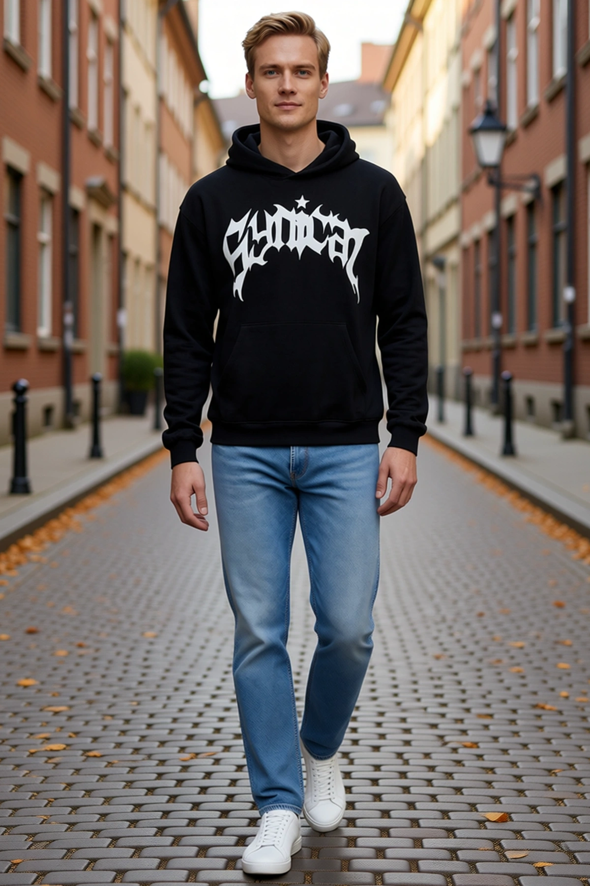 Erkek Üç İplik Kapşonlu Sweatshirt Önü Geniş Yazı Baskılı Kanguru Cepli Rahat Salaş Kesim Uzun Kollu