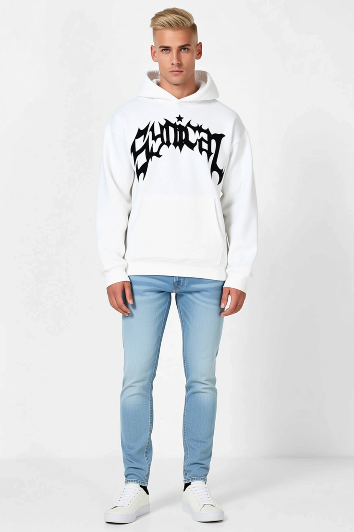 Erkek Üç İplik Kapşonlu Sweatshirt Gotik Yazılı Baskı Geniş Kanguru Cepli Bol Kalıp Rahat Uzun Kollu