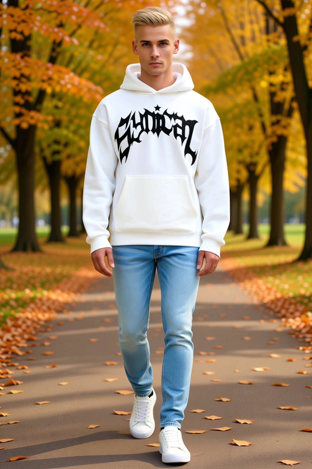 Erkek Üç İplik Kapşonlu Sweatshirt Gotik Yazılı Baskı Geniş Kanguru Cepli Bol Kalıp Rahat Uzun Kollu