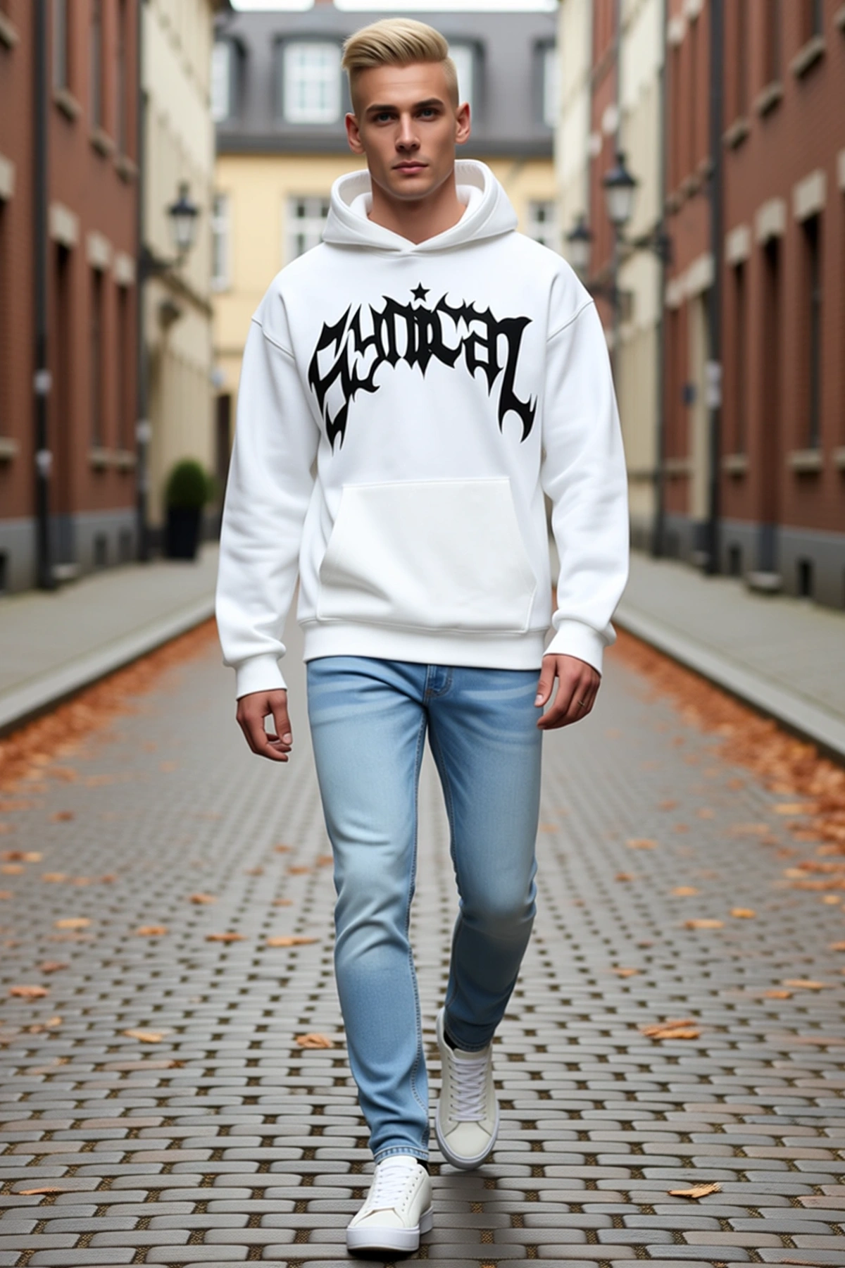 Erkek Üç İplik Kapşonlu Sweatshirt Gotik Yazılı Baskı Geniş Kanguru Cepli Bol Kalıp Rahat Uzun Kollu