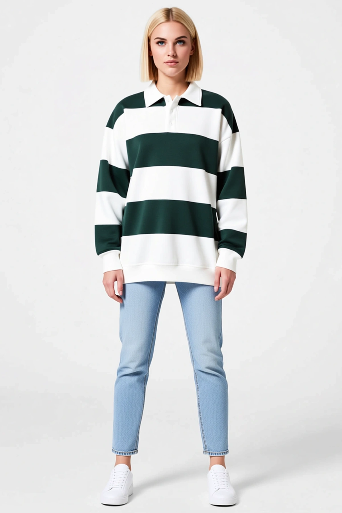 Kadın Oversize Polo Yaka Geniş Çizgili Üç İplik Sweatshirt Düğmeli Uzun Kollu Rahat Günlük Kesim