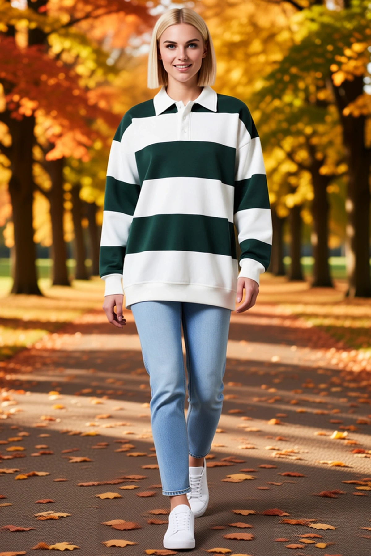 Kadın Oversize Polo Yaka Geniş Çizgili Üç İplik Sweatshirt Düğmeli Uzun Kollu Rahat Günlük Kesim