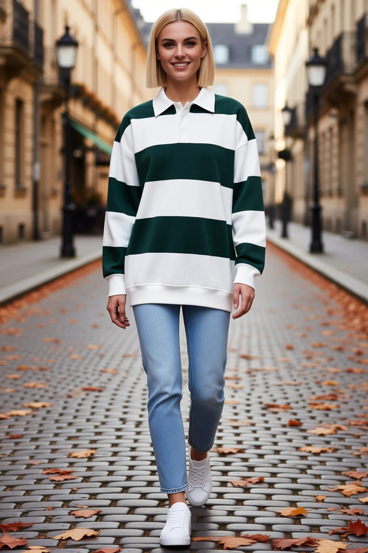 Kadın Oversize Polo Yaka Geniş Çizgili Üç İplik Sweatshirt Düğmeli Uzun Kollu Rahat Günlük Kesim