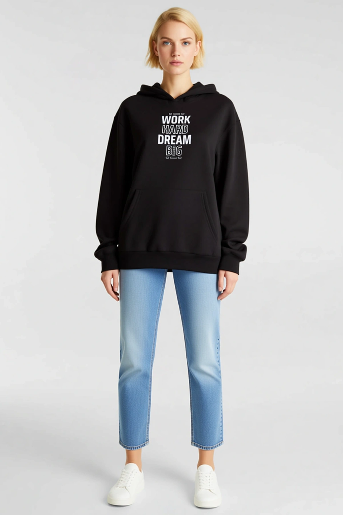 Kadın Kışlık Üç İplik Kapşonlu Sweatshirt Önü Yazı Baskılı Kanguru Cepli Ribanalı Bol Kalıp Rahat