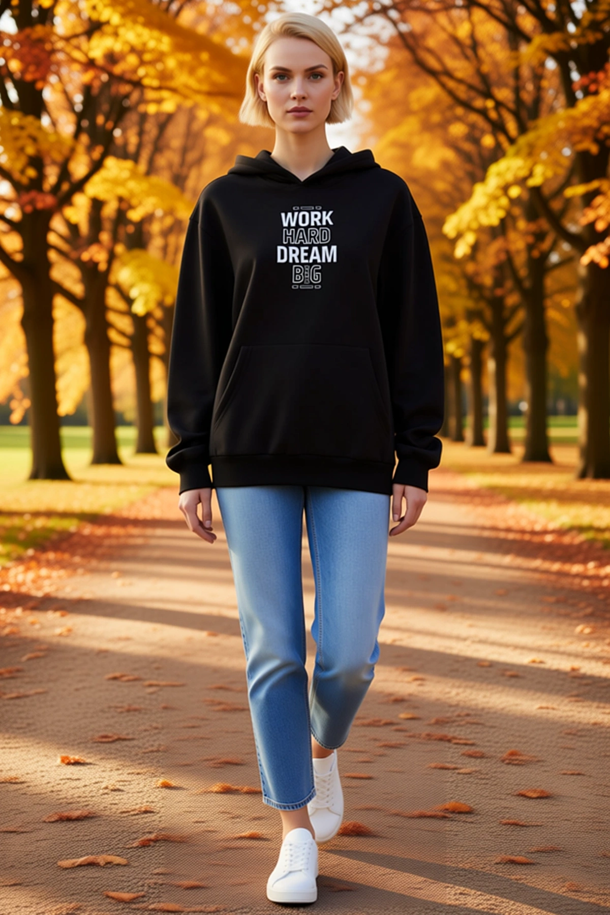 Kadın Kışlık Üç İplik Kapşonlu Sweatshirt Önü Yazı Baskılı Kanguru Cepli Ribanalı Bol Kalıp Rahat