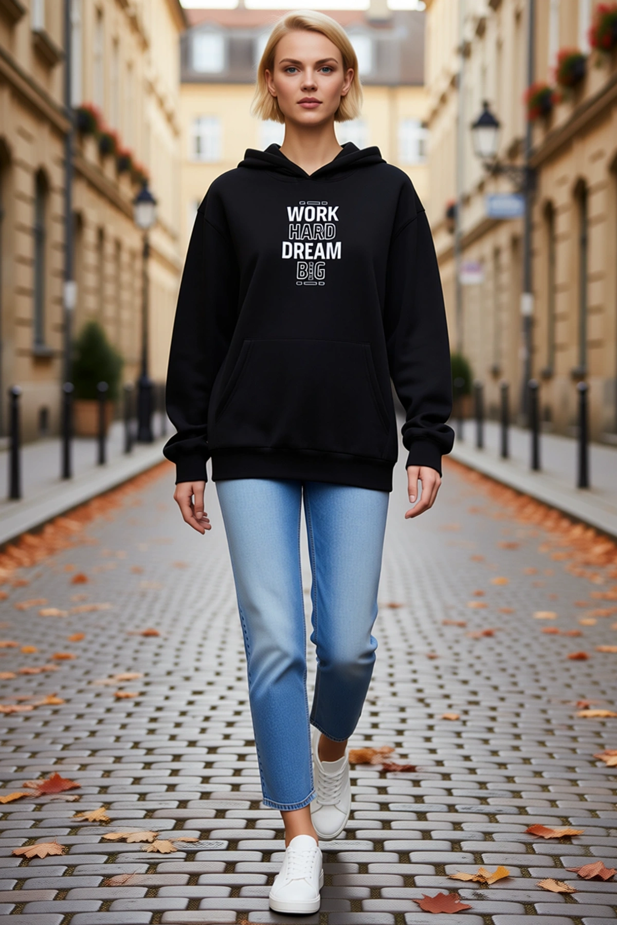 Kadın Kışlık Üç İplik Kapşonlu Sweatshirt Önü Yazı Baskılı Kanguru Cepli Ribanalı Bol Kalıp Rahat