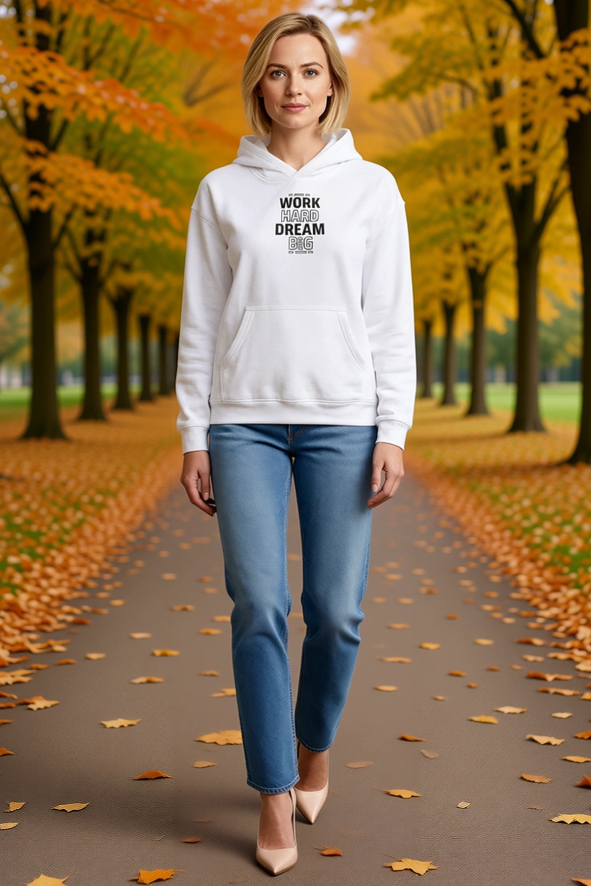 Kadın Kışlık Üç İplik Kapşonlu Sweatshirt Göğsü Slogan Baskılı Geniş Kanguru Cepli Salaş Kesim Rahat