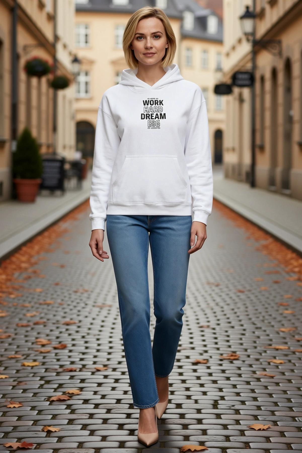 Kadın Kışlık Üç İplik Kapşonlu Sweatshirt Göğsü Slogan Baskılı Geniş Kanguru Cepli Salaş Kesim Rahat