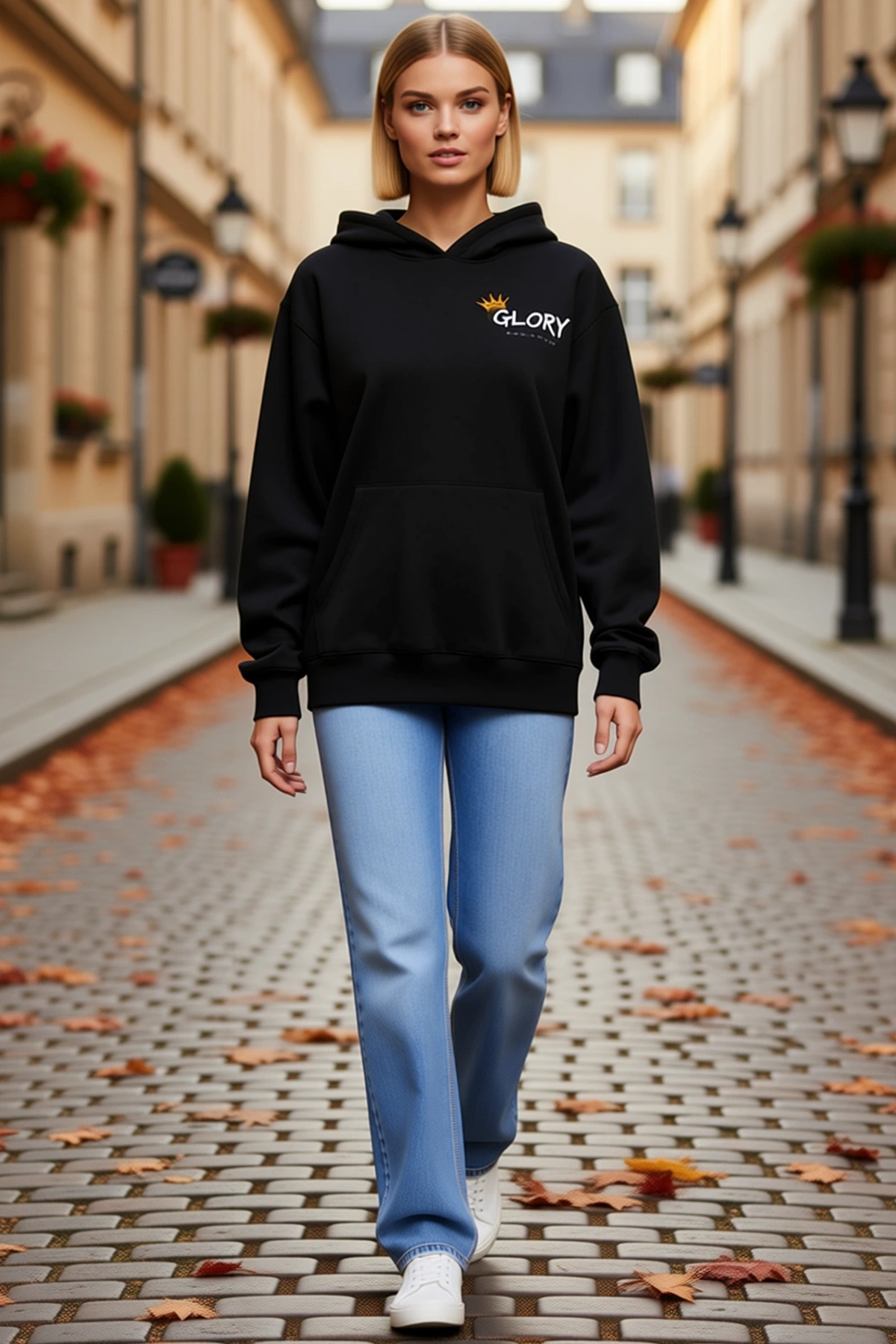 Kadın Kışlık Üç İplik Kapşonlu Sweatshirt Sol Göğüs Taç Motifli Yazı Baskılı Kanguru Cepli Kalıp