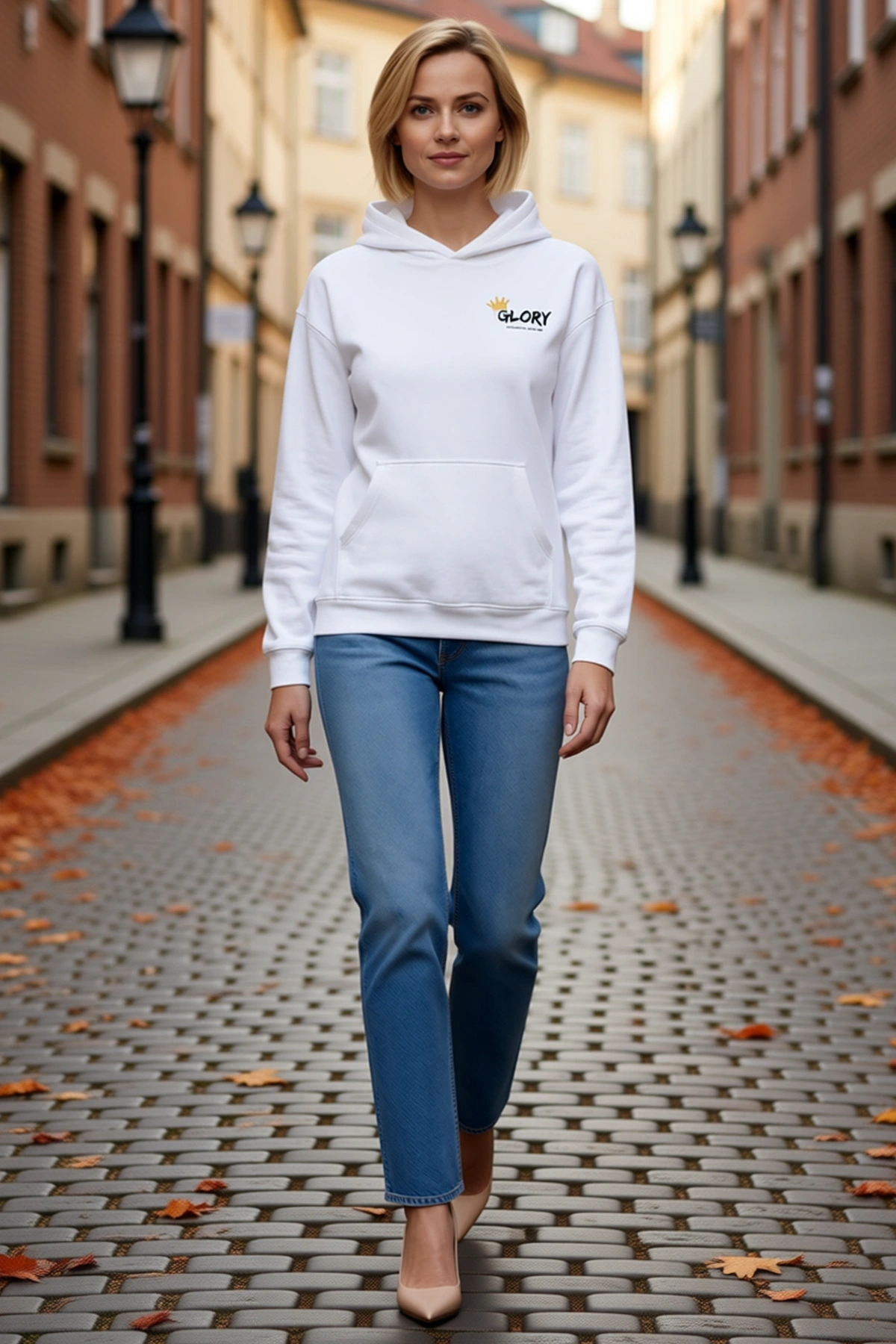 Kadın Kışlık Üç İplik Kapşonlu Sweatshirt Taç Motifli Yazı Baskılı Cepli Salaş Kesim Sade Mevsimlik