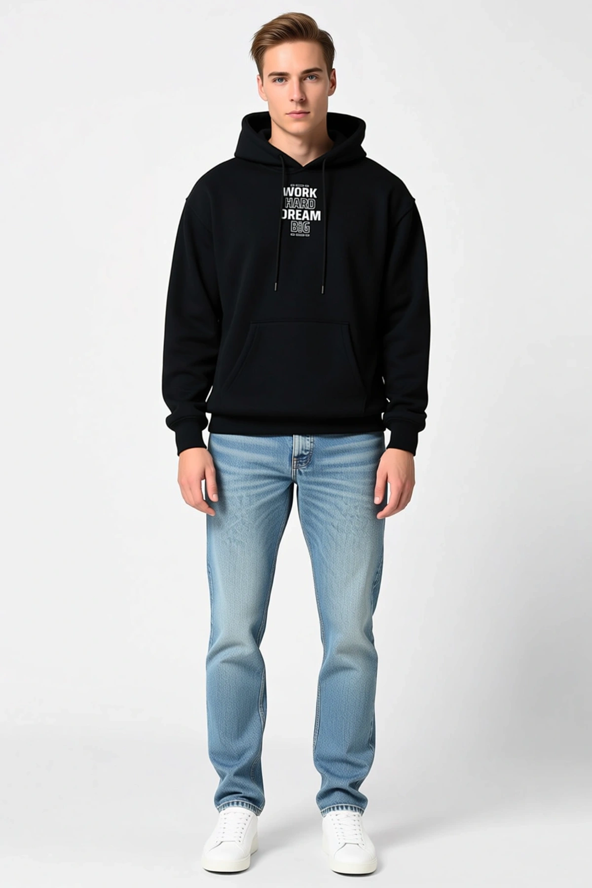 Erkek Kışlık Üç İplik Kapşonlu Sweatshirt Göğsü Yazı Baskılı Bağcıklı Cepli Salaş Kesim Sezonluk