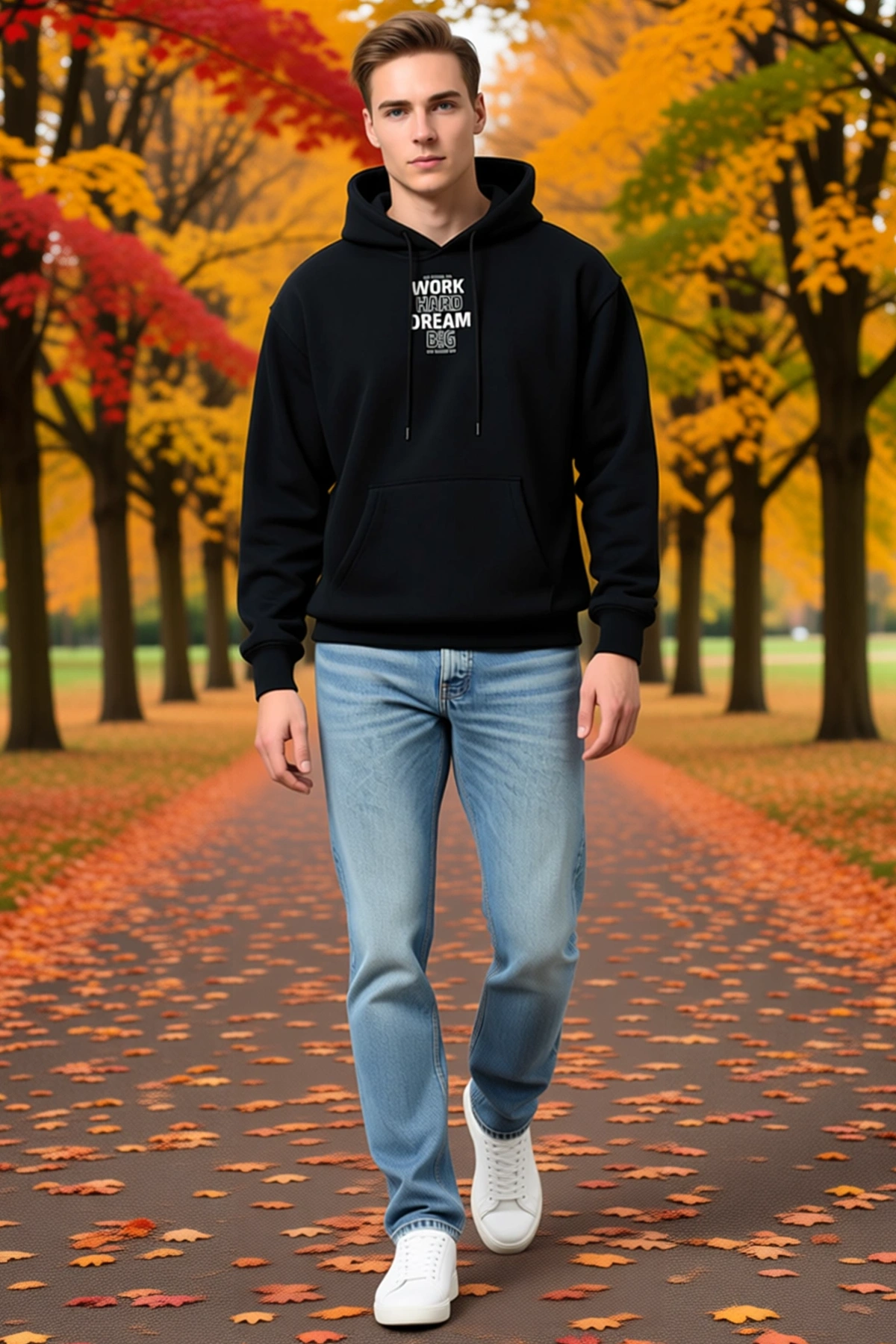 Erkek Kışlık Üç İplik Kapşonlu Sweatshirt Göğsü Yazı Baskılı Bağcıklı Cepli Salaş Kesim Sezonluk