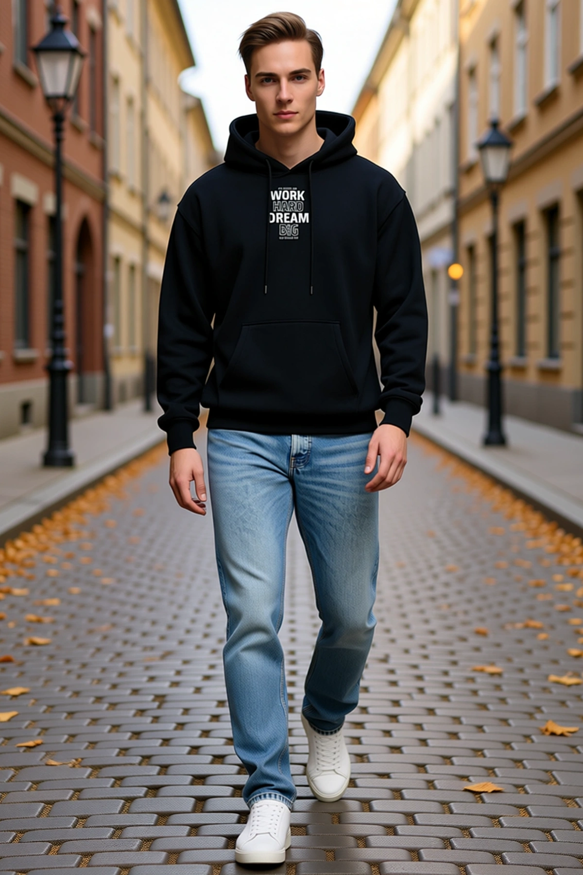 Erkek Kışlık Üç İplik Kapşonlu Sweatshirt Göğsü Yazı Baskılı Bağcıklı Cepli Salaş Kesim Sezonluk