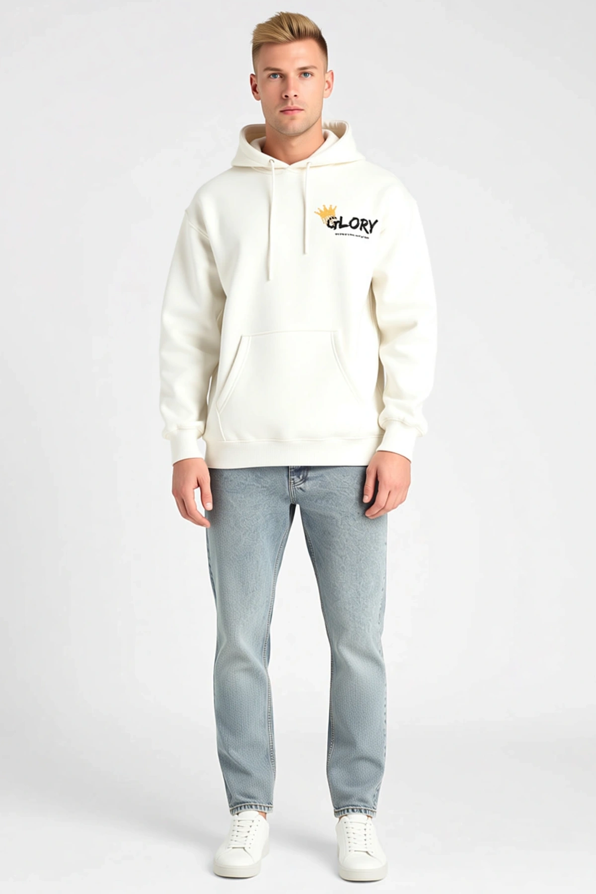 Erkek Kışlık Üç İplik Kapşonlu Sweatshirt Sol Göğüs Taç Motifli Yazı Baskılı Bağcıklı Kanguru Cepli