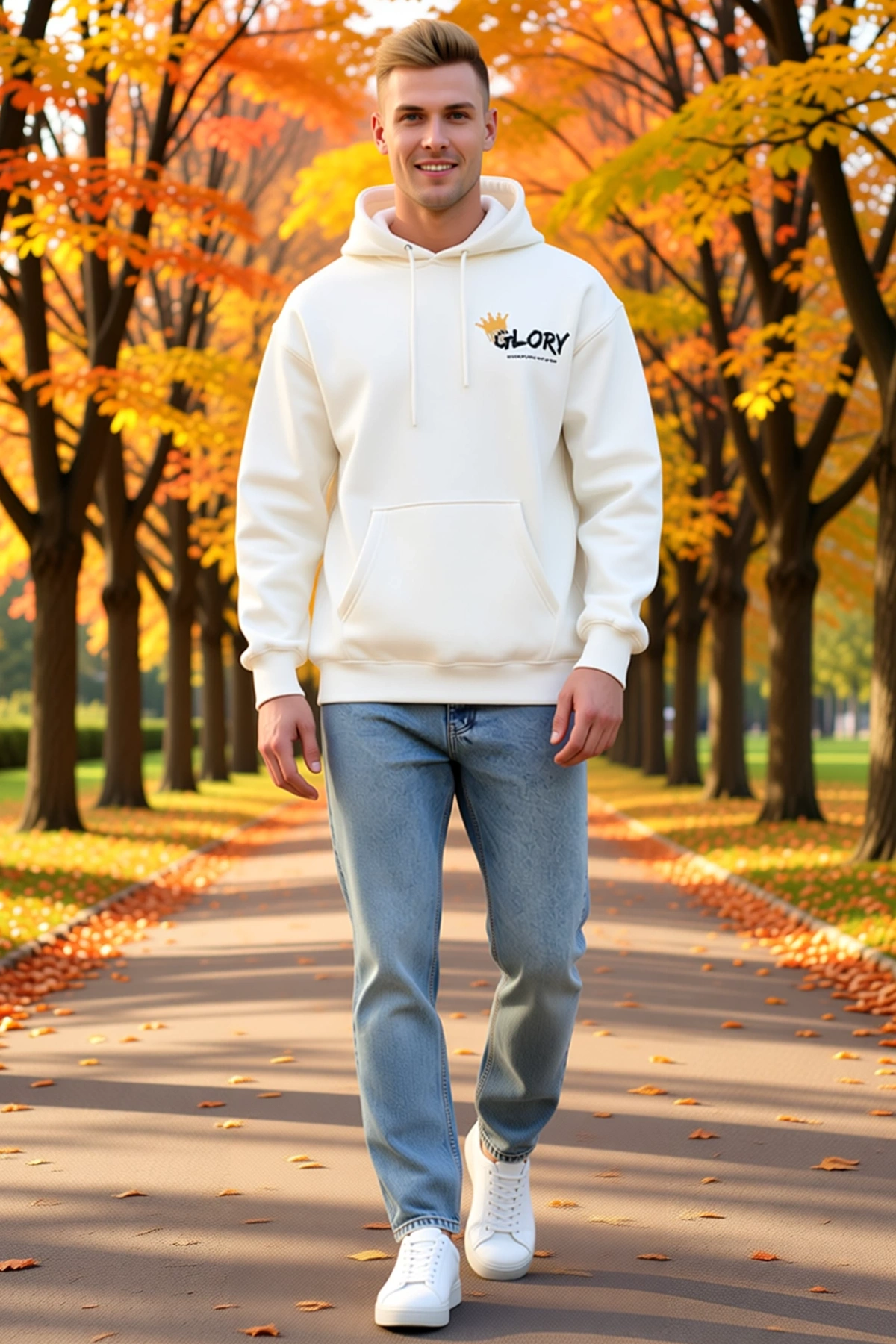 Erkek Kışlık Üç İplik Kapşonlu Sweatshirt Sol Göğüs Taç Motifli Yazı Baskılı Bağcıklı Kanguru Cepli