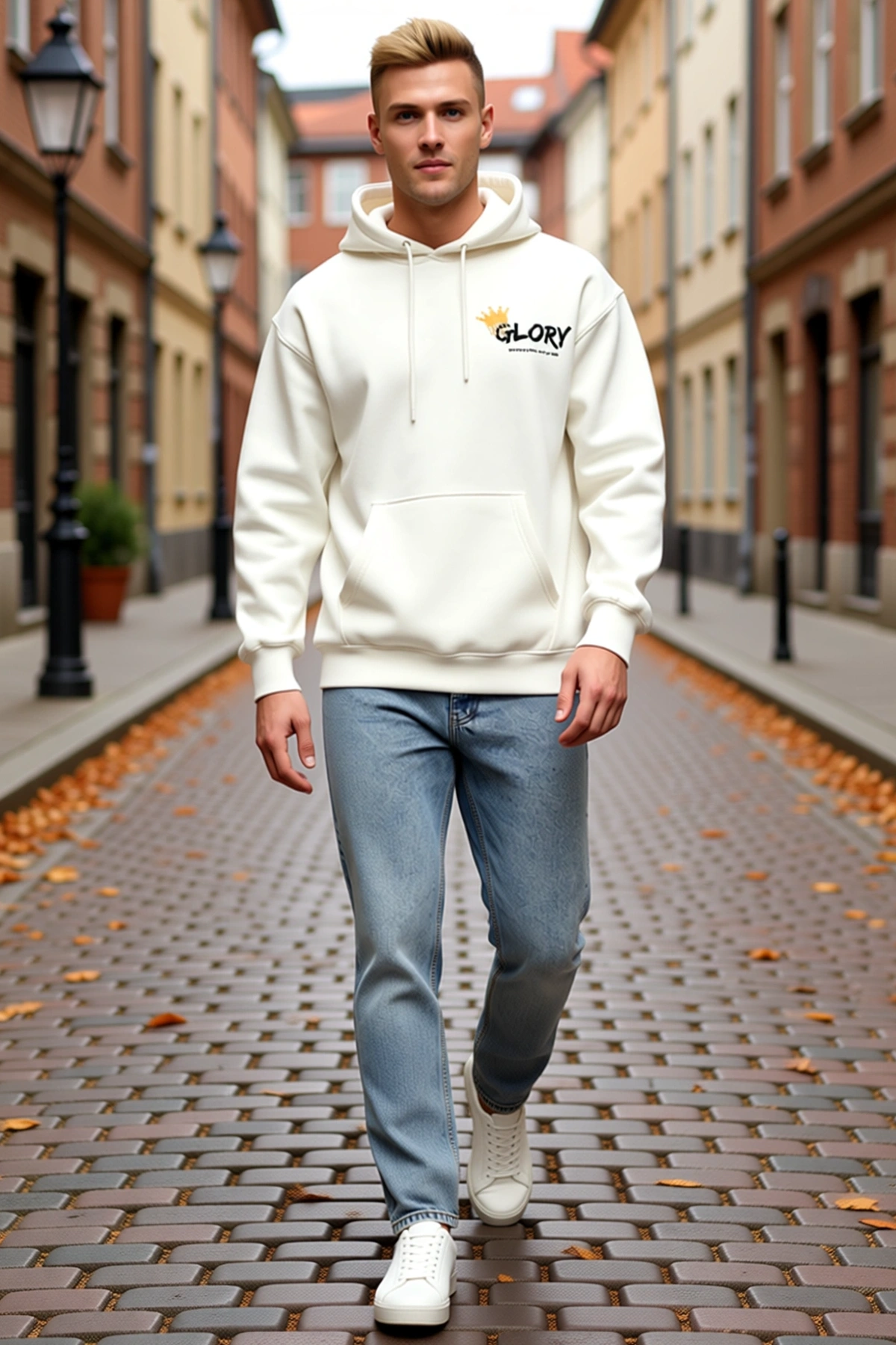 Erkek Kışlık Üç İplik Kapşonlu Sweatshirt Sol Göğüs Taç Motifli Yazı Baskılı Bağcıklı Kanguru Cepli
