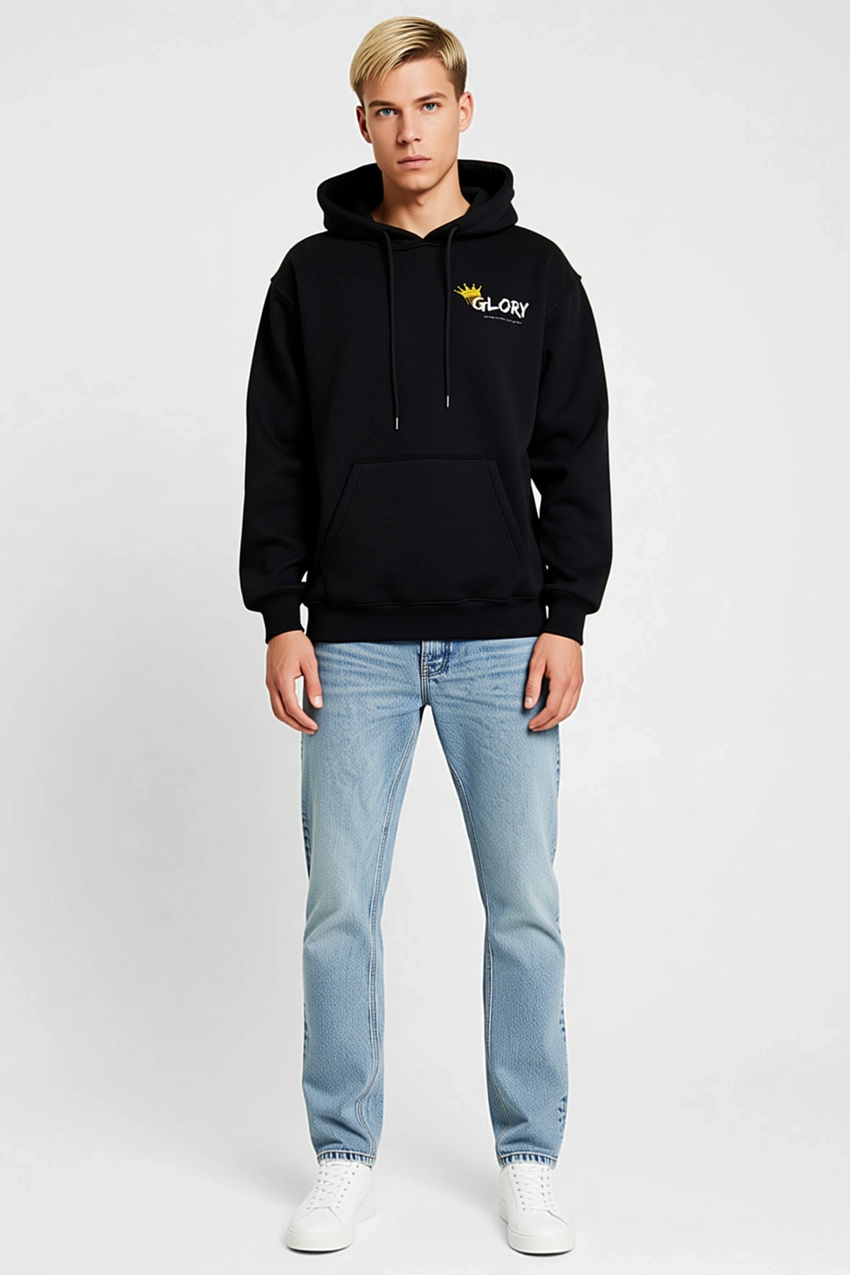 Erkek Kışlık Üç İplik Kapşonlu Sweatshirt Taç Motifli Slogan Yazı Baskılı Bağcıklı Cepli Salaş Kesim