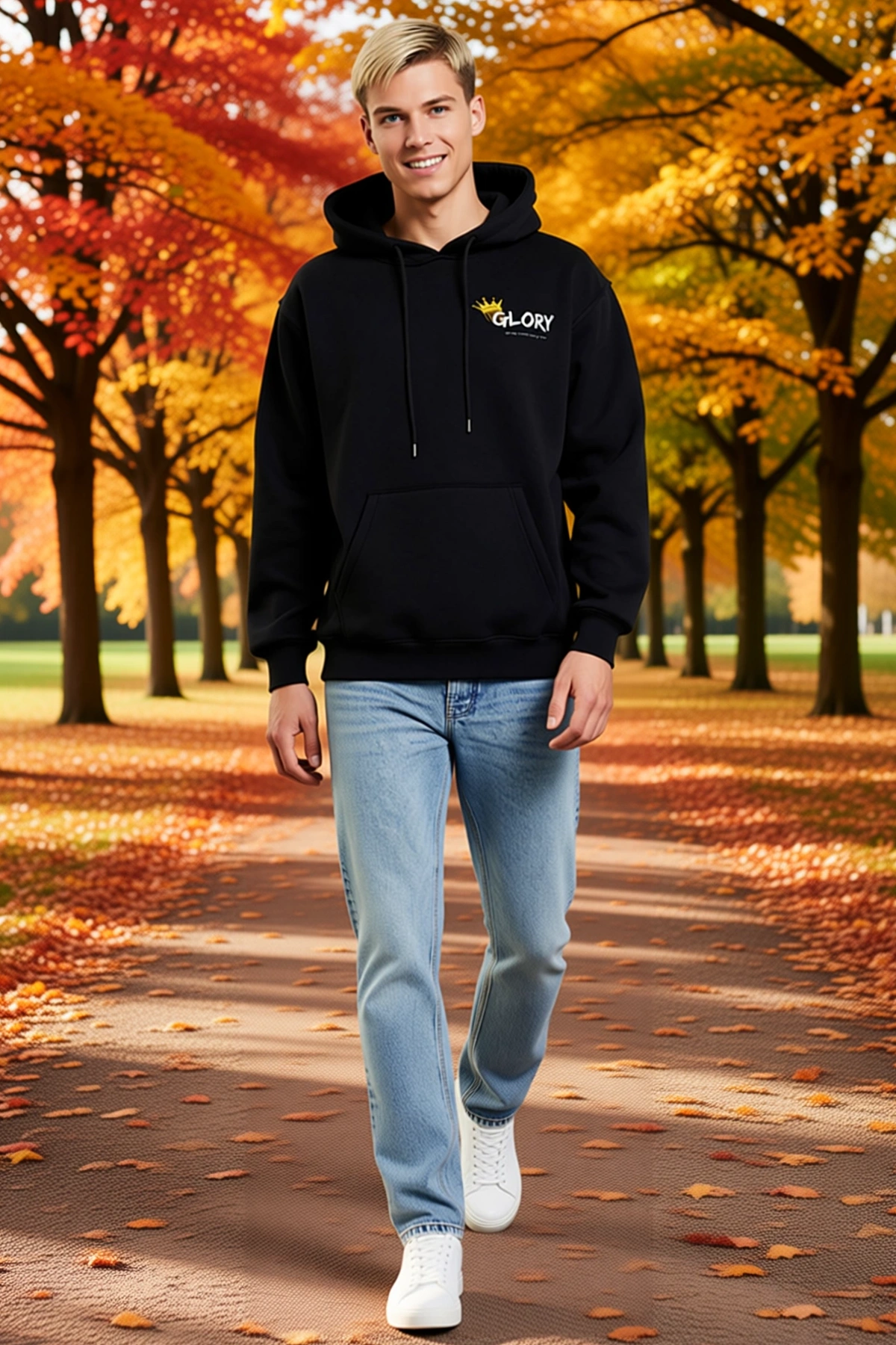 Erkek Kışlık Üç İplik Kapşonlu Sweatshirt Taç Motifli Slogan Yazı Baskılı Bağcıklı Cepli Salaş Kesim